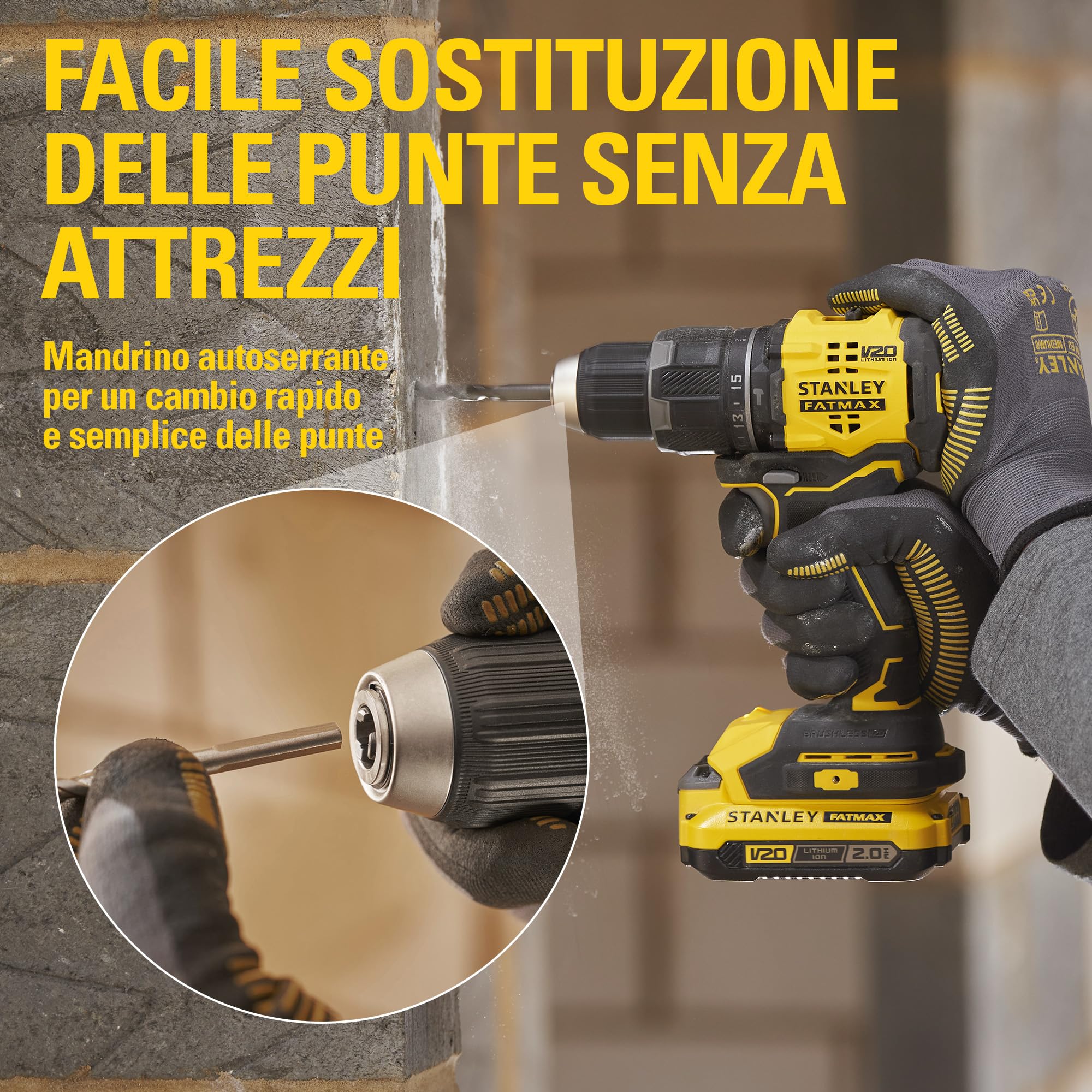 STANLEY V20 Trapano avvitatore a percussione a 2 ingranaggi senza filo, include batteria agli ioni di litio da 2,0Ah, caricatore da 1,25A e 100 accessori con custodia ProStack, 18V, SFMCD716D2A-QW