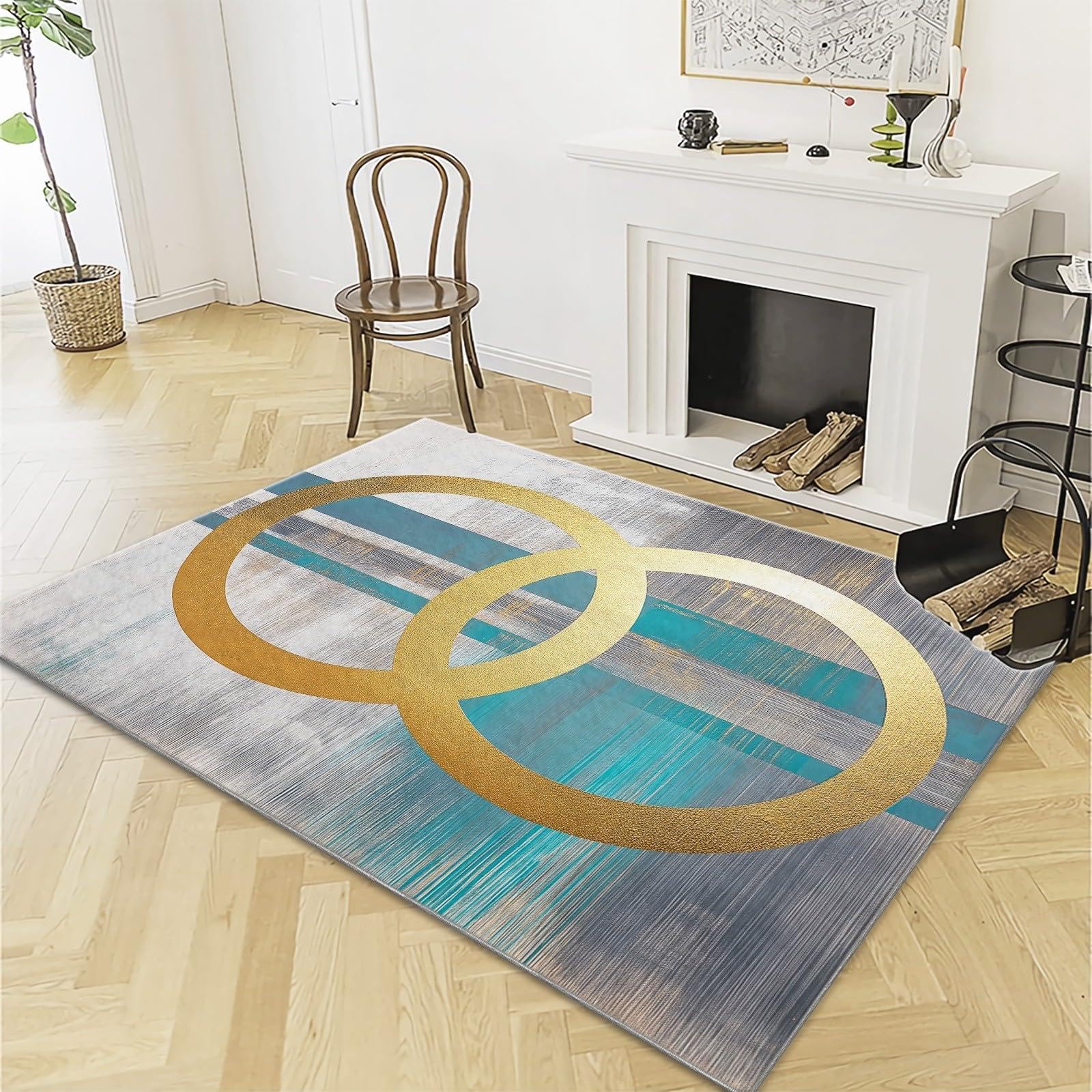 Tapis moderne abstrait anneaux dorés style contemporain chic pour salon 200 x 290 cm