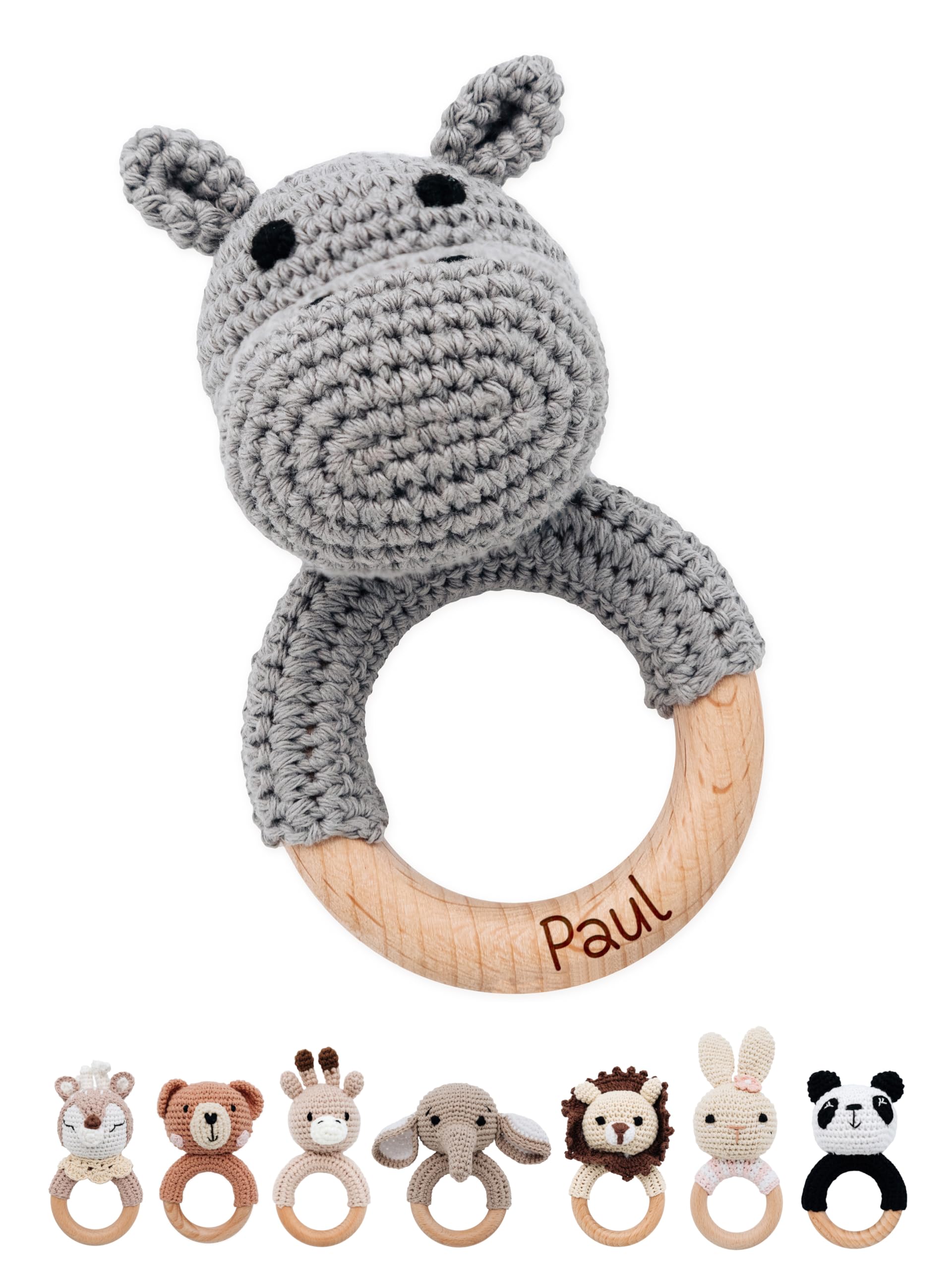 Bärenfreunde® - Personalisierter Beißring Baby - Niedlicher Greifling für Baby's ab 0 Monate - Babyrassel mit Name als Baby Geschenk für Mädchen und Jungen (Nilpferd,ohne Name)