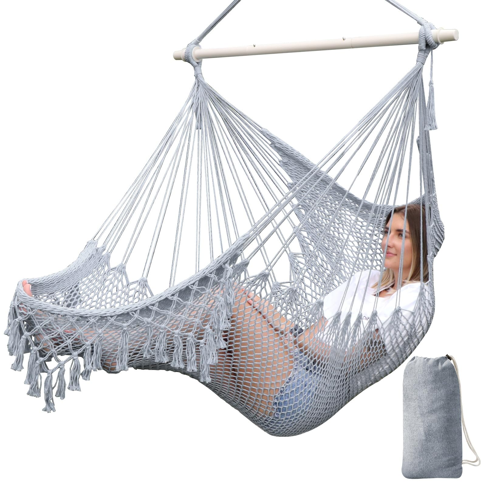 Chihee Super Large Hanging Hammock Chair, Soft-Spun Cotton Rope Weaving, Collapsible Strong Metal Spreader Bar, Wide Seat Lace Stretch Swing, Indoor/Outdoor Garden Yard Theme Decoration