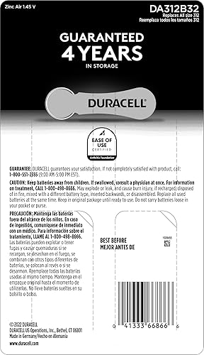 Miniatura 2 de Duracell Baterías para audífonos color marrón tamaño 312, paquete de 32, batería de audífonos de tamaño 312A con potencia de larga duración,