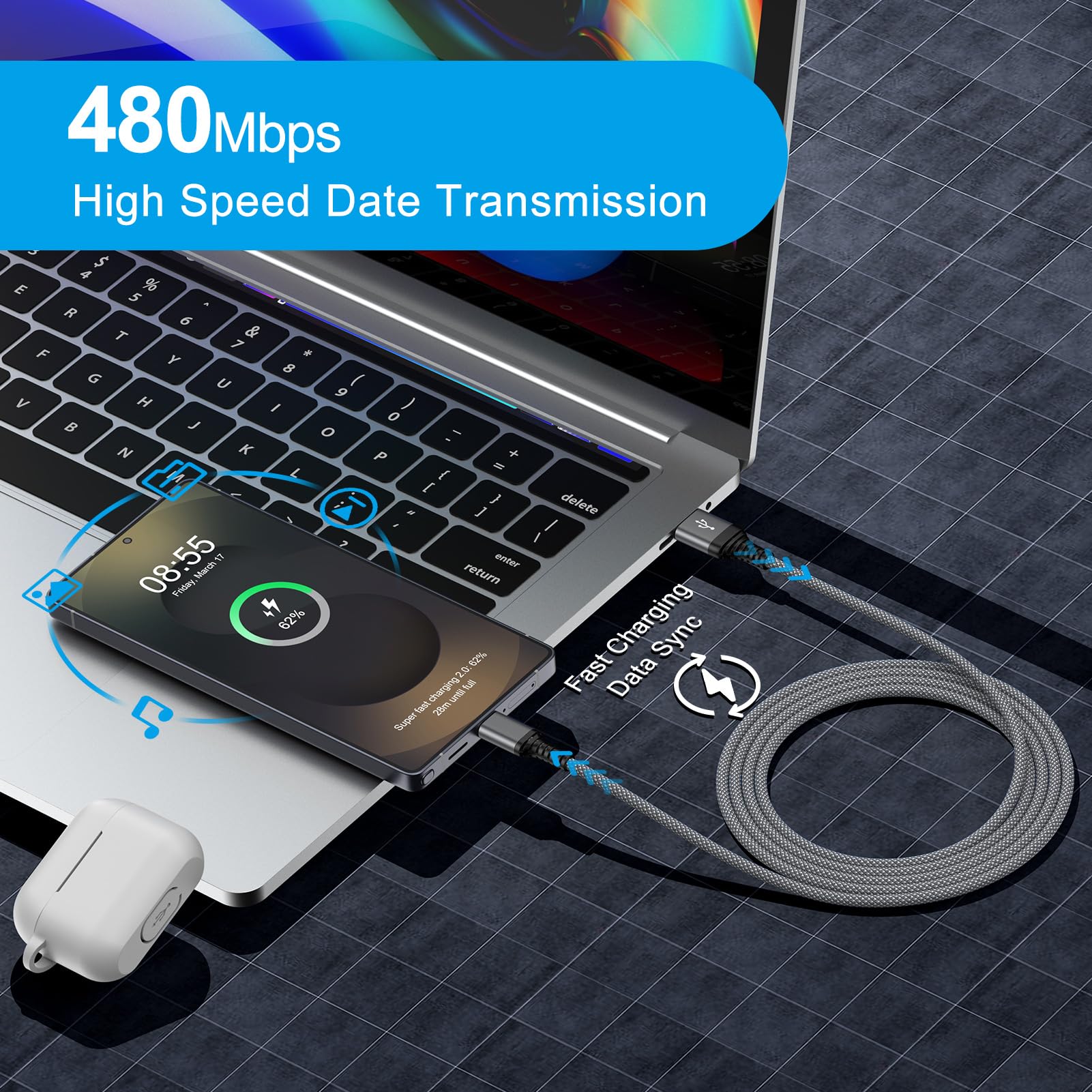 Cable de carga USB A a USB C para iPhone 17 16 15 Pro Max Air 16e 16 15 Plus Cable Carplay para coche, cable trenzado de carga rápida para Galaxy S25 A17 A16