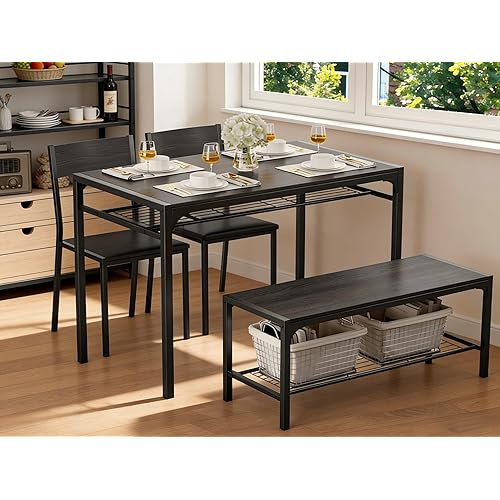 Gizoon Kitchen Table and 2 Chairs for 4 with Bench, 4 Piece Dining Table Set for Small Space, Apartment