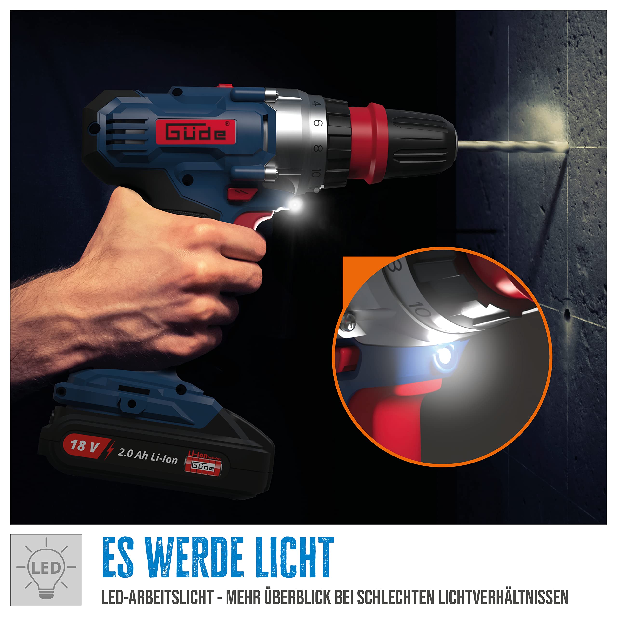 Güde Akku Bohrschrauber BS 18 - Set 126tlg. (18 V, mit Bit-/Bohrer-Set im Koffer, 2-Gang, 19+1 Drehmomentstufen, max. 30 Nm, 10 mm Schnellspannbohrfutter, LED-Licht, inkl. Akku & Schnellladegerät)