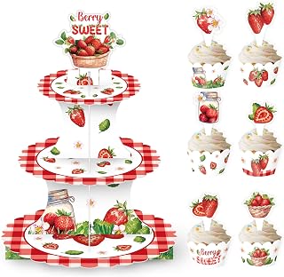 3 Tier Strawberry Cupcake Stand with 24 Strawberry Cake Toppers and Wrappers, Cupcake Tower Cardboard Dessert Holder Pastry Platter for Baby Shower Birthday Party Decorations