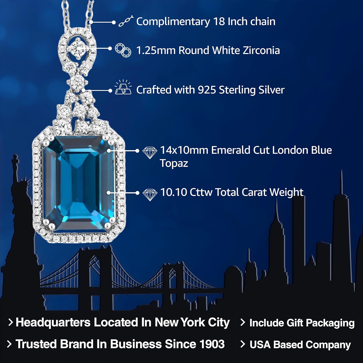 Gem Stone King 10.10 Cttw London Blue Topaz Pendant Necklace For Women | 925 Sterling Silver | Emerald Cut 14X10MM | Gemstone Birthstone | With 18 Inch Silver Chain - Image 2
