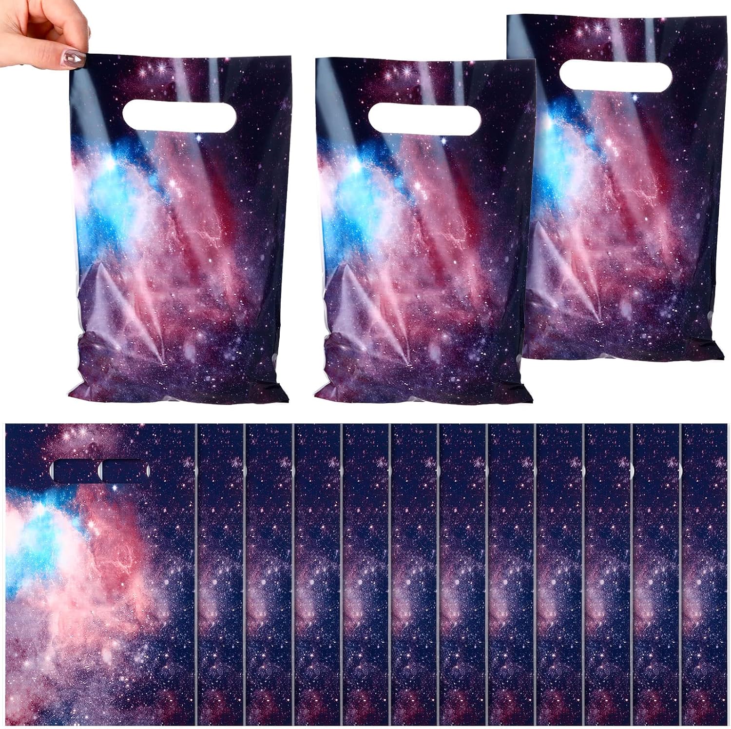 Zonon 50 Packs Galaxy Party Favor Candy Favor Bags Goodie Galaxy Supplies Outer Space Favors Treat Starry Plastic Gift Bags for Kids Birthday Party Baby Shower(Purple Galaxy)