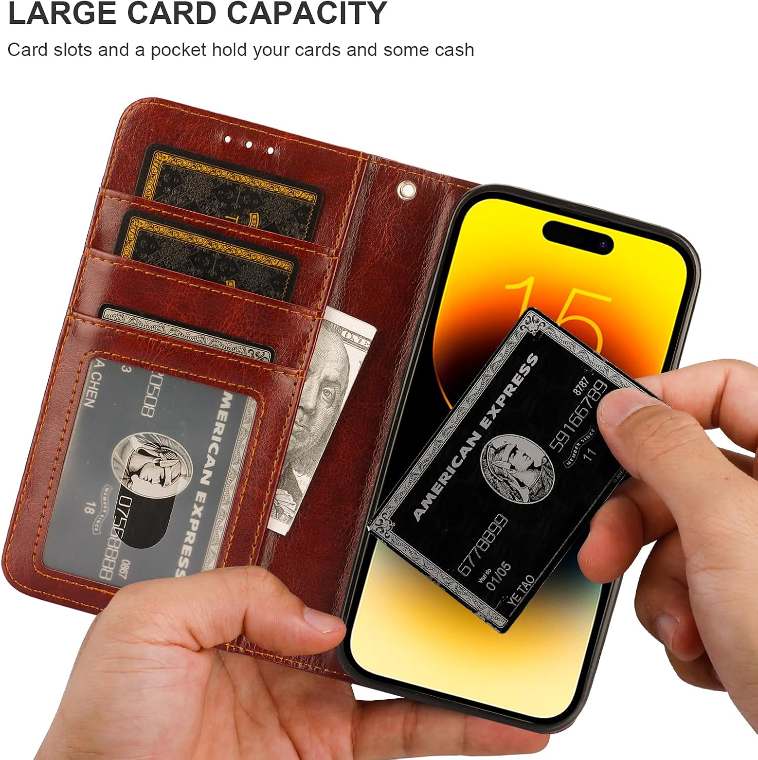 Bocasal Detachable Wallet Case for iPhone 15 Pro RFID Blocking Card Slots Holder Premium PU Leather Magnetic Kickstand Shockproof Wrist Strap Removable Flip Protective Cover 5G 6.1 inch (Brown) - Image 5