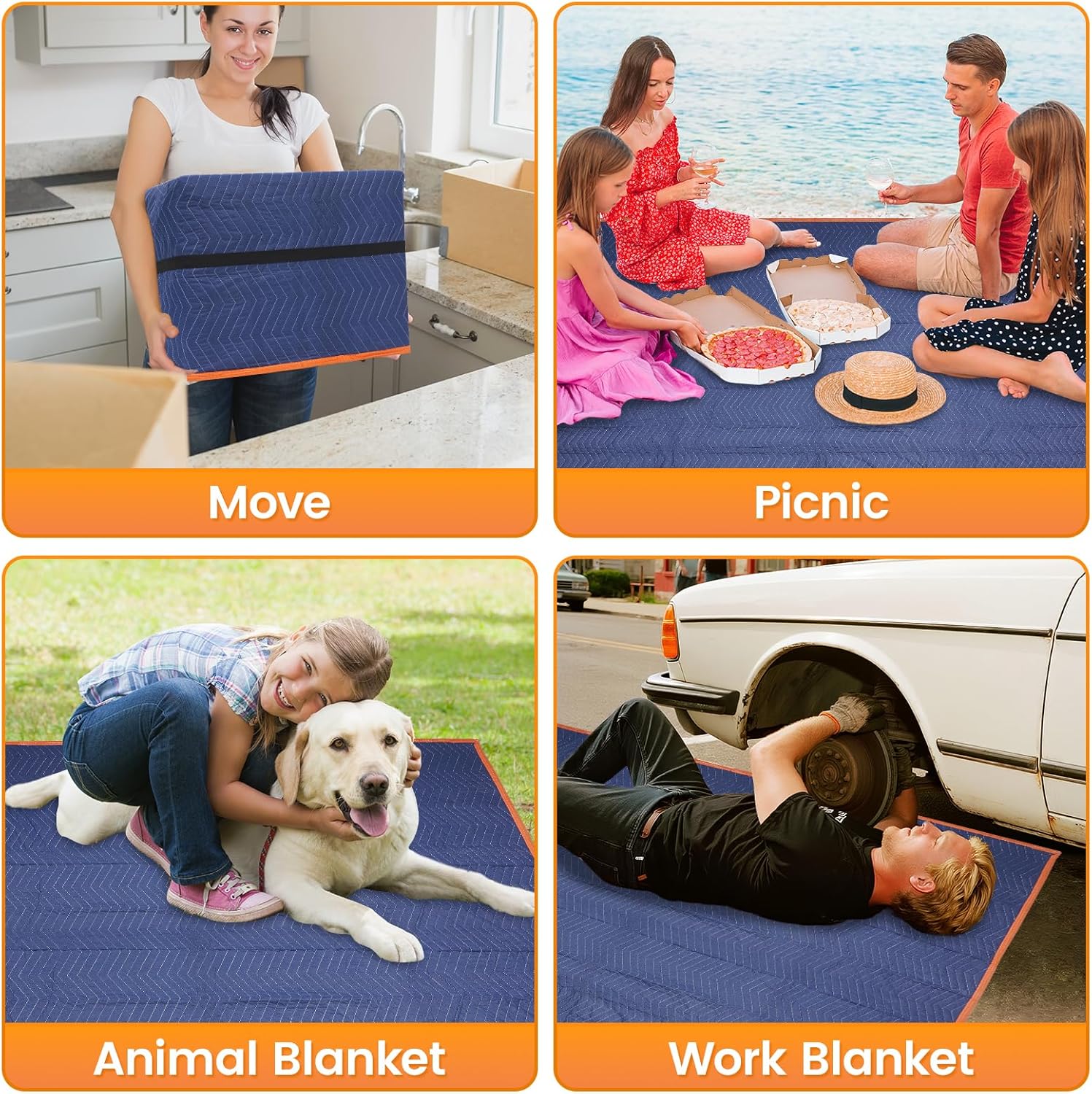 2 Pack Moving Packing Blankets- 72x80 in (8.8lb/dz) Heavy Duty Moving Pads for Furniture Protection Professional Quilted Cargo Shipping Furniture Blankets for Packing, Blue