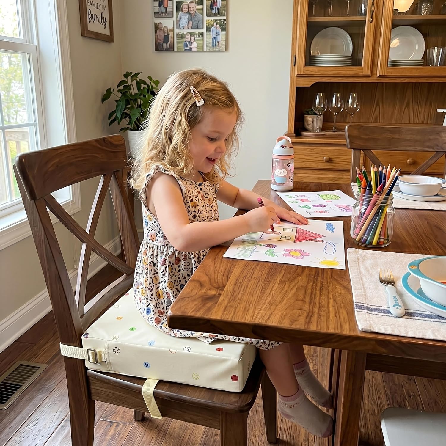 Toddler Booster Seat for Dining Table, Waterproof & Easy-to-Clean PU Cover, Safety Certified, Portable Booster Seat for Kitchen Chairs (Beige - Smile)