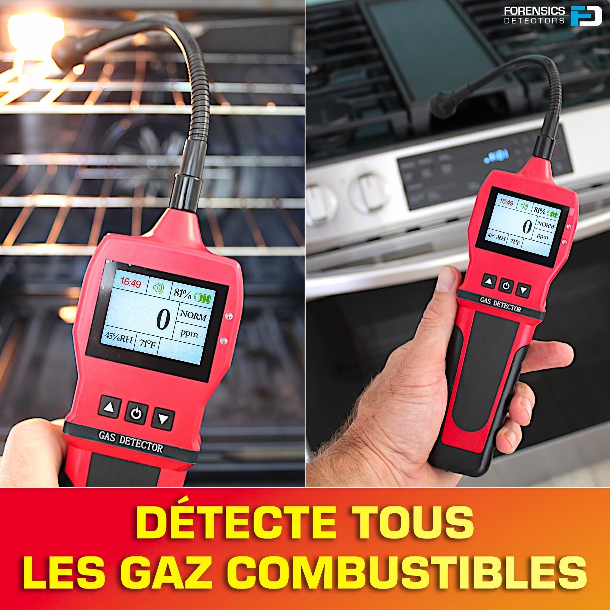 Détecteur Professionnel de Fuites de Gaz | Alarmes Réglables | Affichage 0–10 000 ppm avec Résolution de 1 ppm | Batterie Li-ION | Gaz Naturel, Méthane et Combustibles