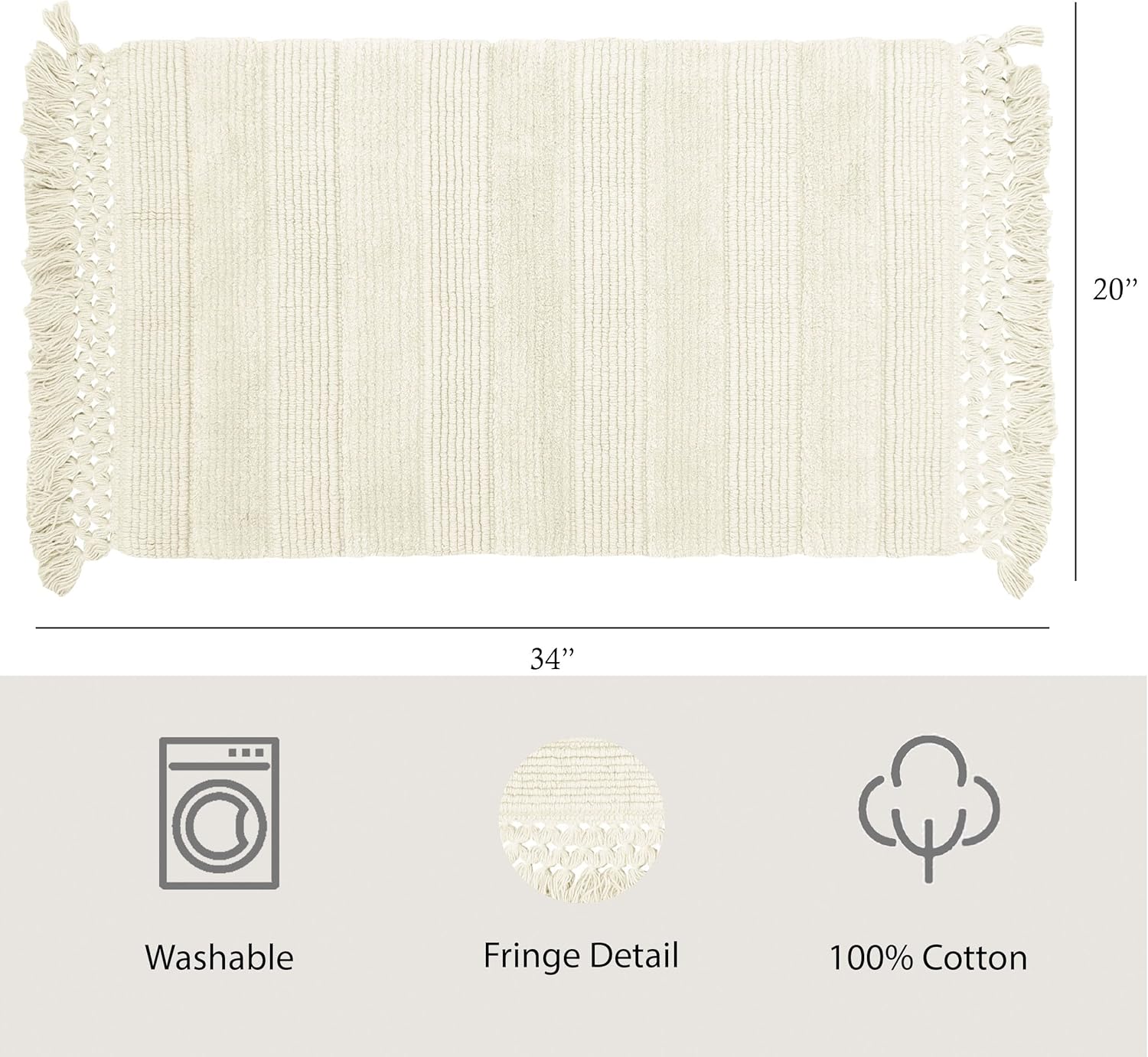 French Connection Bathroom Rug | Woven Fringe Bath Mats | 100% Cotton | Premium Safira Bathroom Mats Decor | Machine Washable Bath Mat | Measures 20” x 34” | Ivory : Everything Else