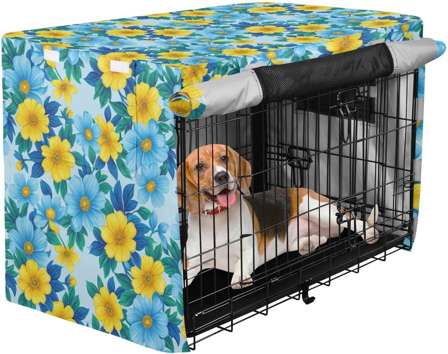 Duty 600D Silver Coated Dog Crate Cover, Water-Resistant Floral Print Pet Kennel Canopy with Mesh Windows for Optimal Ventilation, Universal Fit for Standard Wire Cage, Indoor & Travel