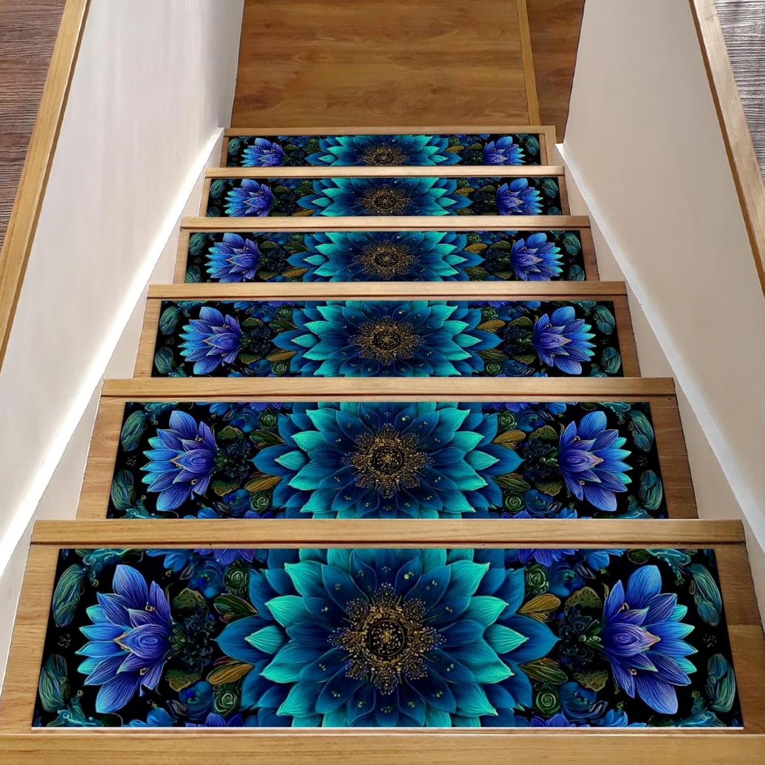 15 pcs Stair Treads 8"x30", Mandala Floral Blue Dark (2) Indoor Stair Runners Carpet Stair Tread,Watercolor Non-Slip Staircase Step Treads for Kids,Elders,Pets