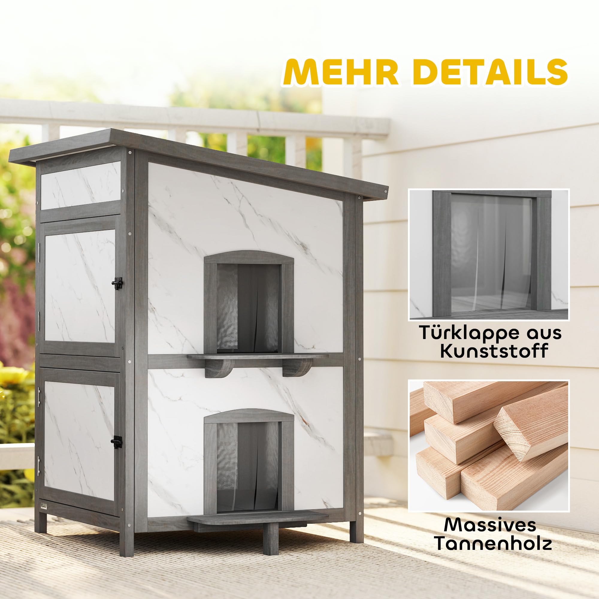 Casa de Madera para Gatos PawHut, casa para Gatos aislada de 2 Pisos para Exteriores con Ventana, Varias Puertas, Techo Repelente al Agua, Cueva para Gatos Caja para Gatos para Exteriores, 60 x 60 x