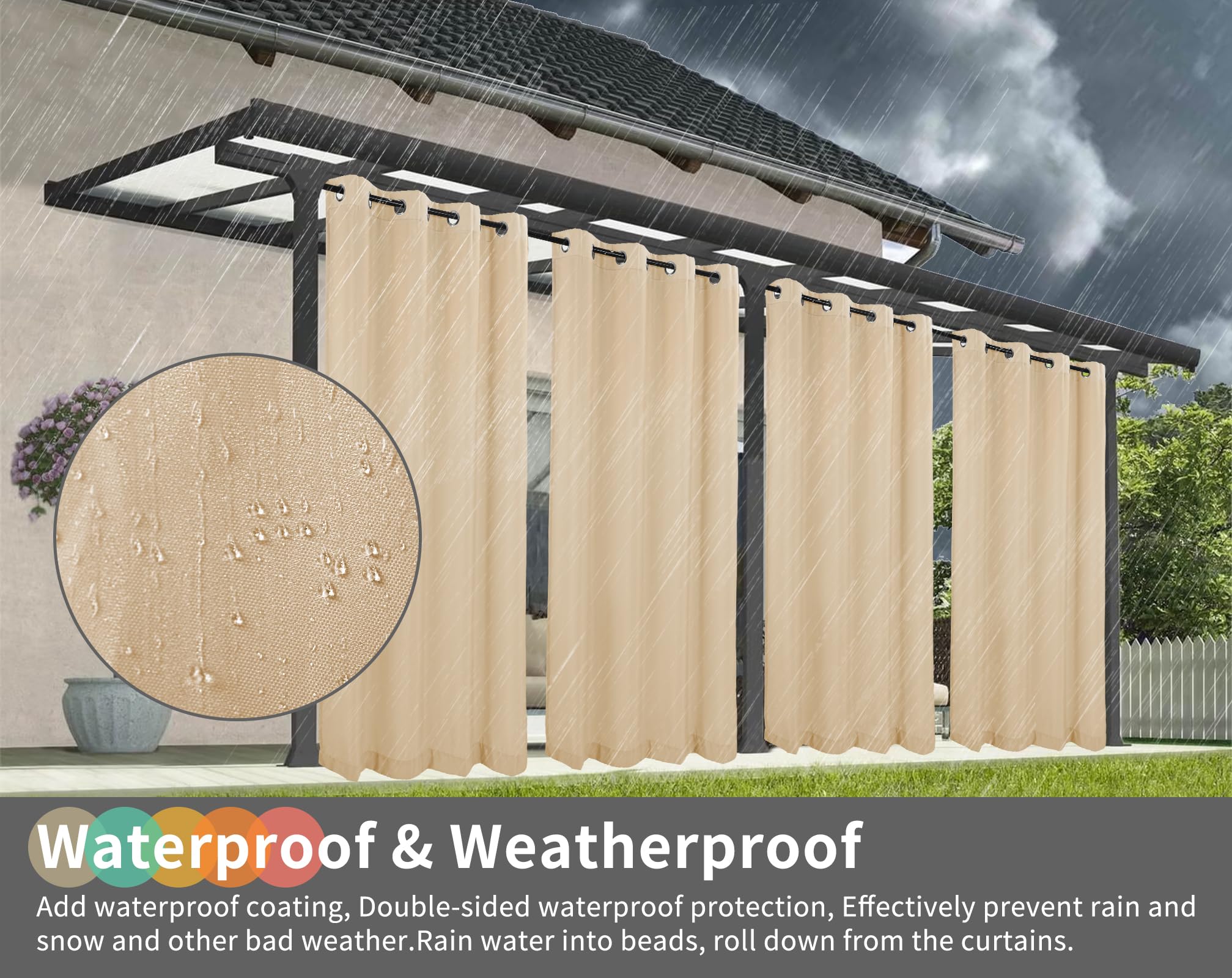 Teruntrue Rideau Extérieur Lot de 2 Rideau pour Pergola Occultant Résistant aux Intempéries avec Oeillet, Rideaux pour Tonnelle, Balcon, Terrasse, Rideaux avec Passants en Bas, H213 x L132 cm, Beige