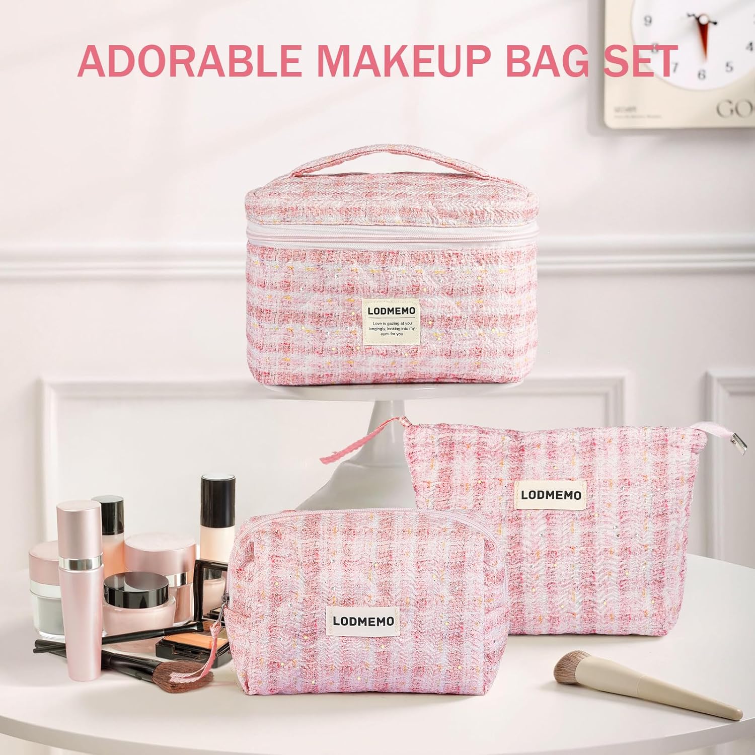 Makeup Bag 3 PCS Quilted Cosmetic Bags for Women, Large Travel Make up Bag Set Cute Cotton Toiletry Bag Organizer Pouch for Purse, Pink - Image 7