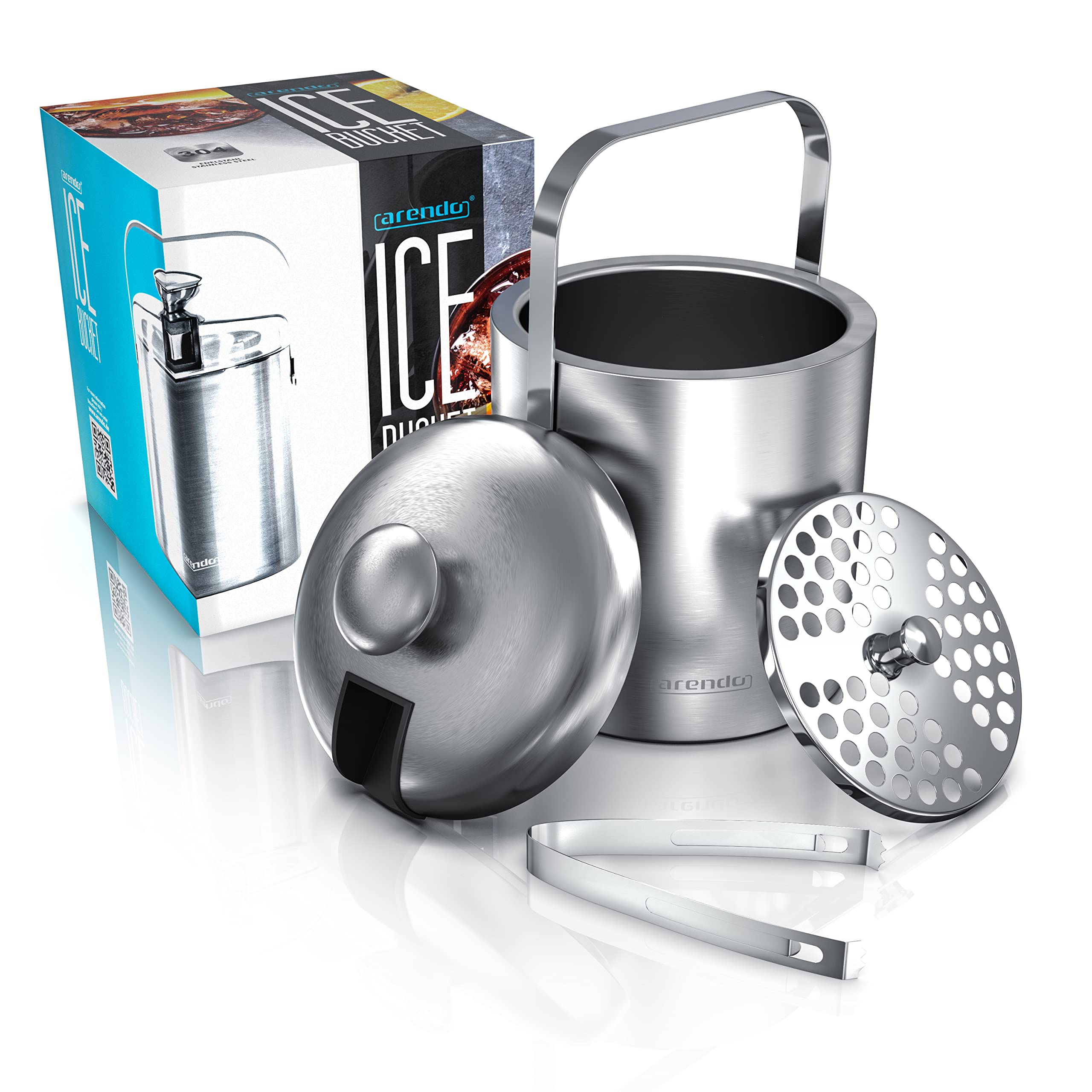 Arendo - Eiswürfelbehälter mit Deckel Edelstahl - Eiswürfelkühler - Eiskübel - 1,3 Liter – doppelwandig – inkl. Zange, Abtropffilter, Deckel – BPA frei - Eiseimer für Eiswürfel