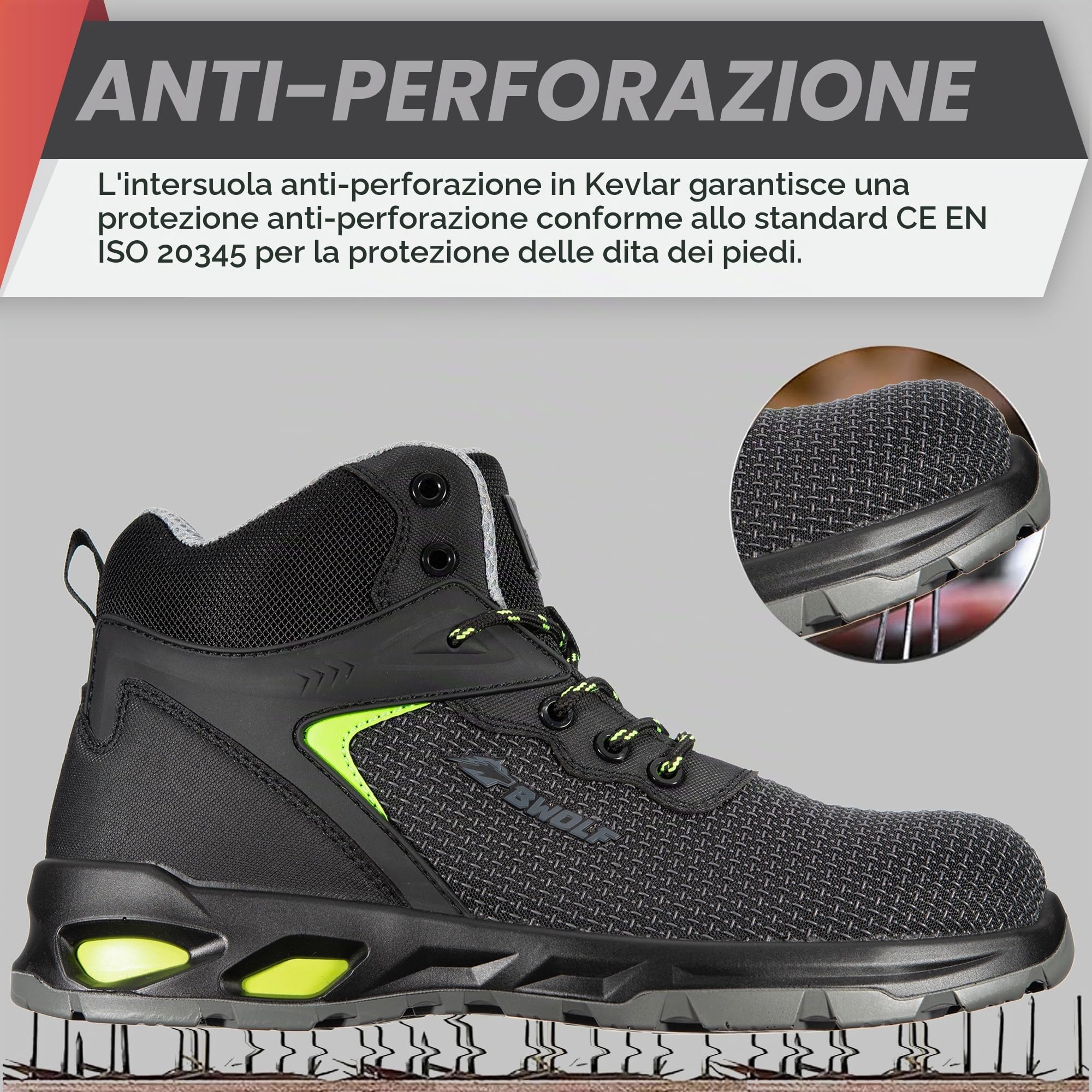 BWOLF HIS3S Scarpe Antinfortunistiche da Uomo Alte S3 da Materiale Innovativo, Impermeabili, 4x4 Grip Tech, Suola Ergo ESD