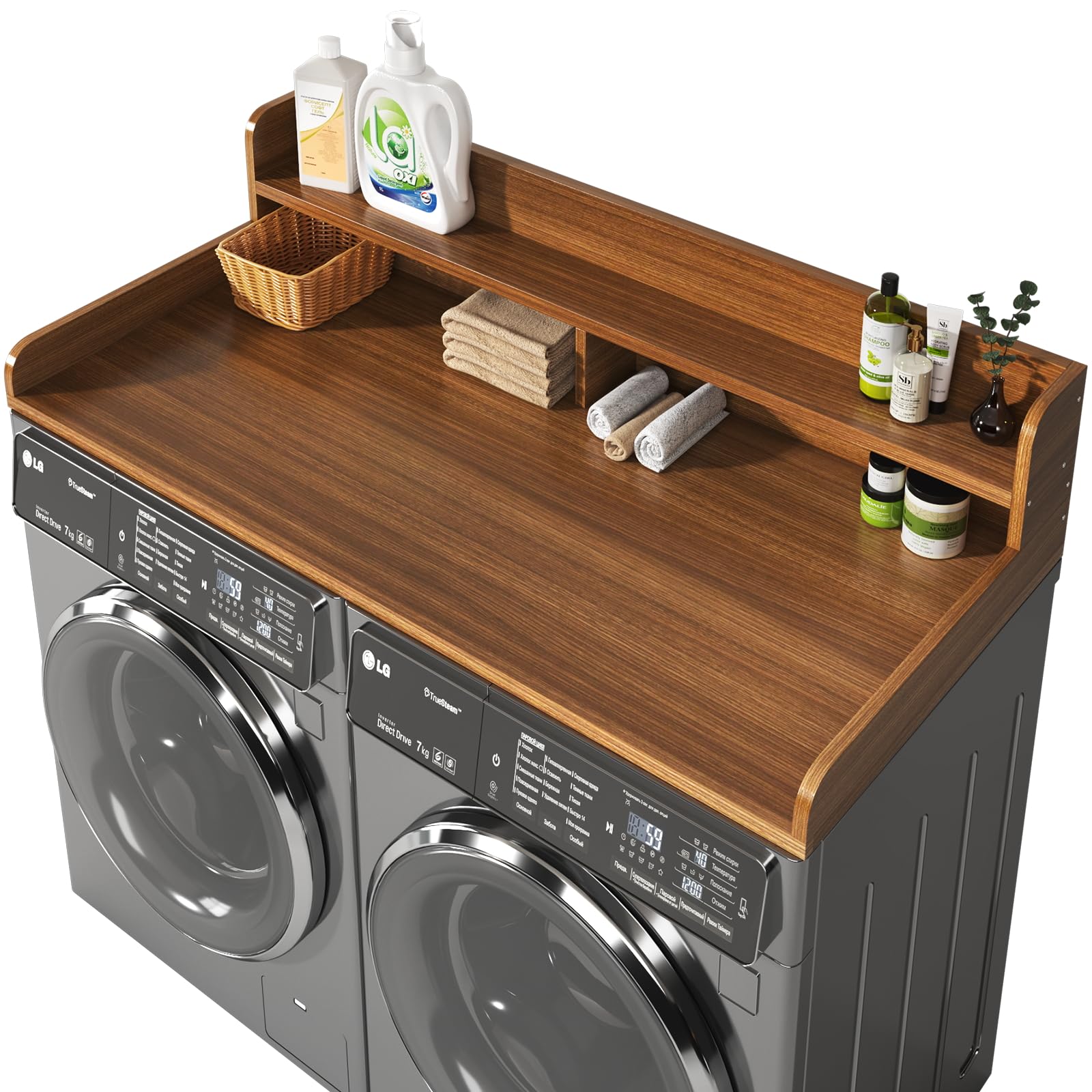 2-Tier Washer and Dryer Countertop with 2.75" H Guard,54" W x 27.5" D Laundry Countertop Cover with Non-Slip Pad,Large Space Laundry Topper for Folding Clothes Over Washer and Dryer-Brown