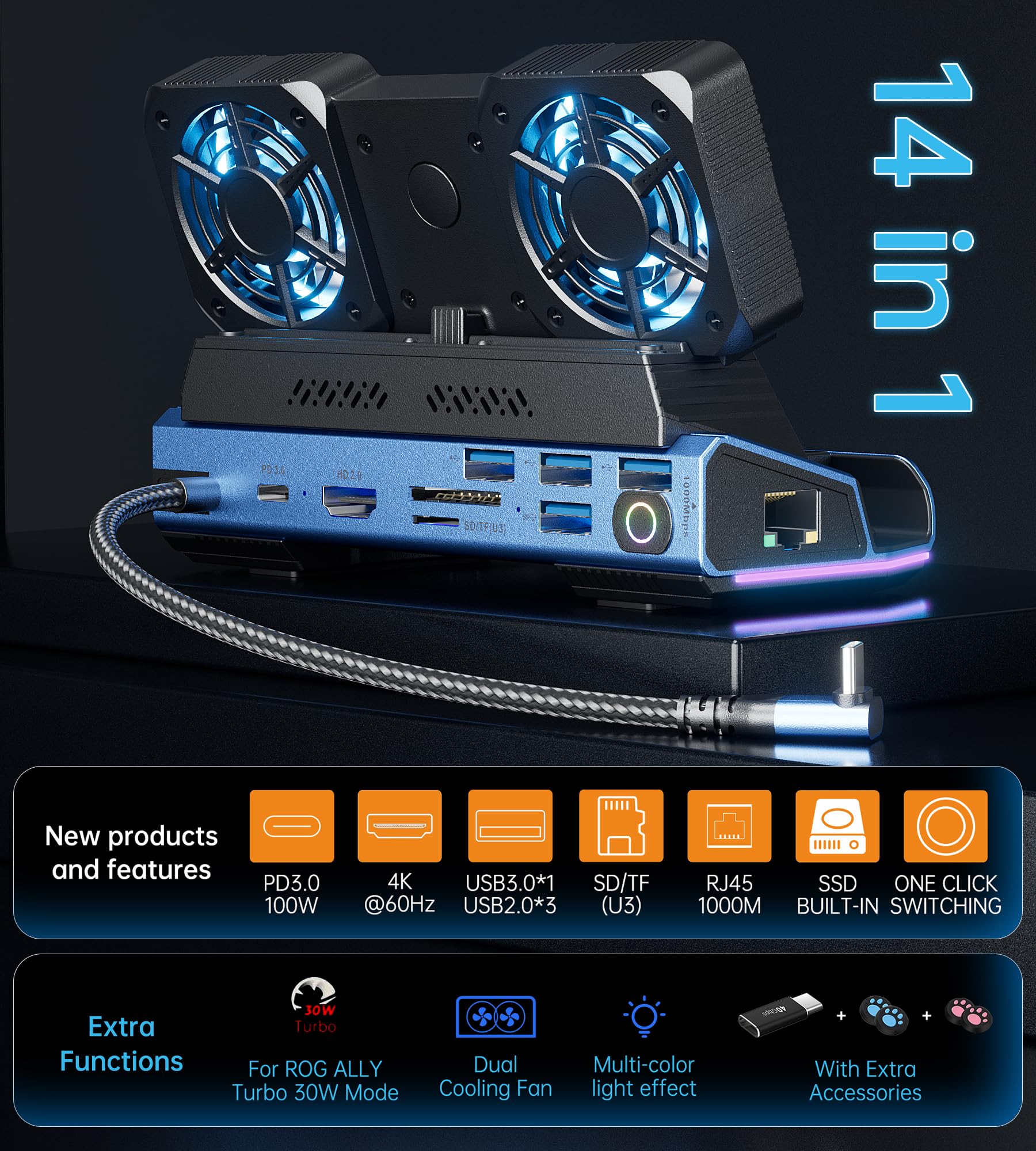 Legion Go/ROG Ally/Steam Deck Dock - Estación de acoplamiento 14 en 1 que desmonta ventiladores duales de vapor, carcasa M.2 NVMe, 4K a 60Hz, 4 puertos USB, carga PD de 100 W, Gigabit Ethernet apto