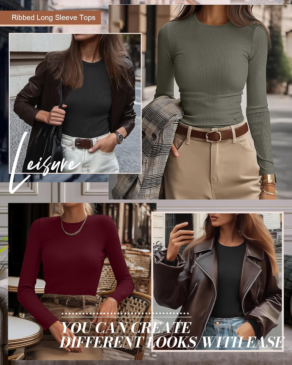 Ficerd 3 Pack Women's Ribbed Long Sleeve Tops, Crew Neck Slim Fit Undershirts Knit Basic Casual Stretch Layering Tee Shirts - Image 4