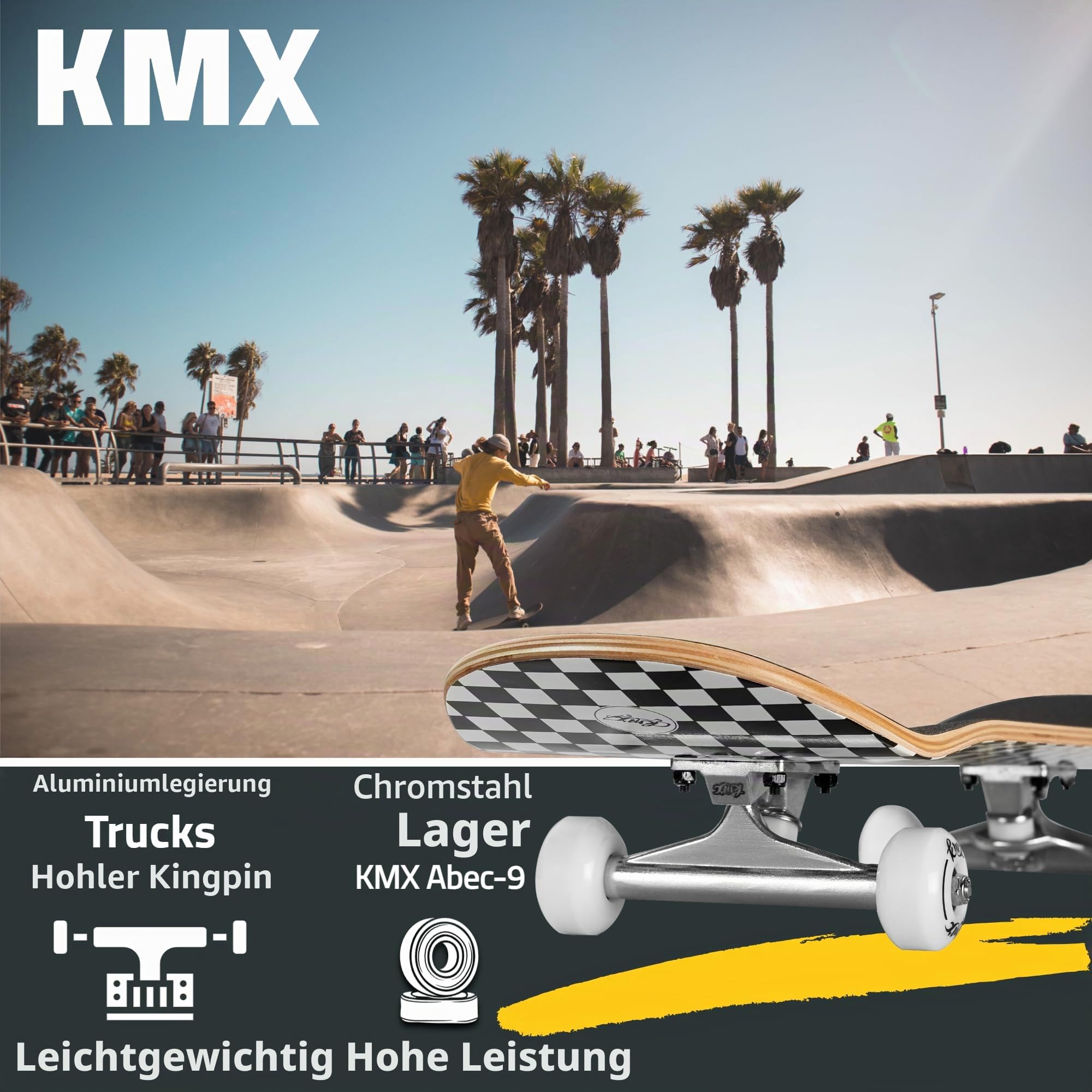 KMX Komplett Anfänger Skateboard mit coolem Design, Skate-Tool | für Jungen,Mädchen,Kinder,Schüler,Erwachsene,7-Lagiges Ahorn-Deck,Double Kick Concave,Aluminium-Achsen,PU-Rollen