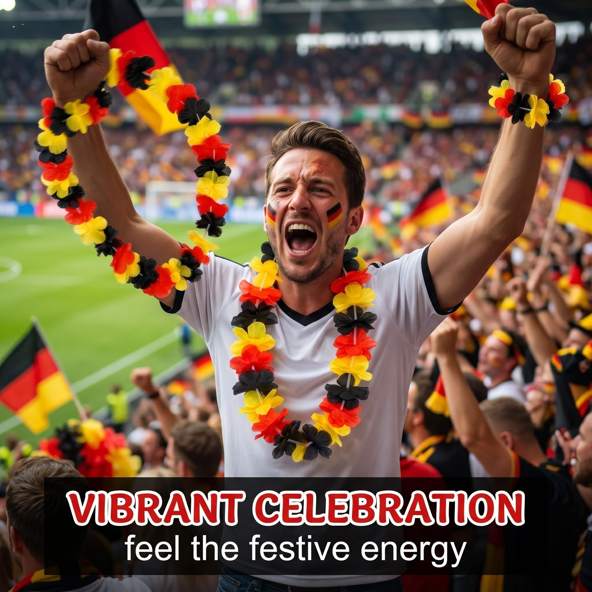 Lot de 3 Sets Collier Hawaien Fleurs Noir Rouge Jaune (12 Pièces), accessoire supporter pour matchs de football, décoration fan de foot pour fêtes, 3 colliers, 3 bandeaux et 6 bracelets