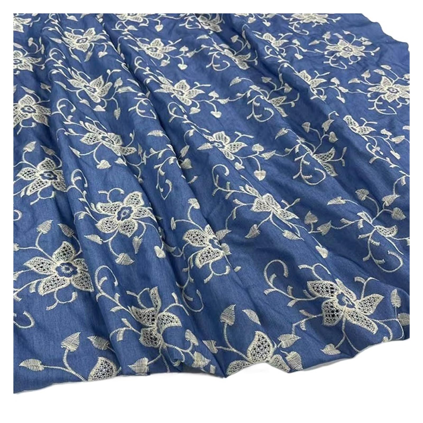 Embroidered Washed Denim Fabric Blue for Dressmaking