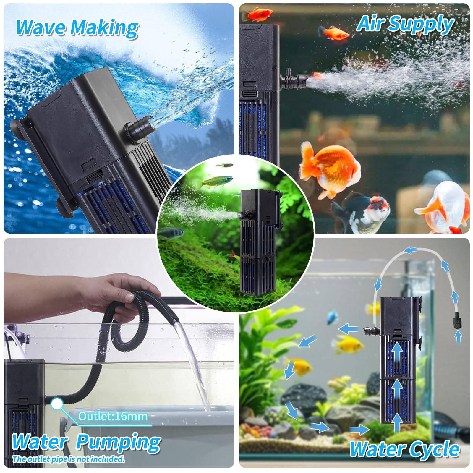 Tararium Filtro Interno Sumergible para Acuario 100-350L con Bomba Agua 1000L/H y Caudal Ajustable. 4 en 1 de Filtración Biológica por Esponja Ultra Silencioso para Agua Dulce y Salada