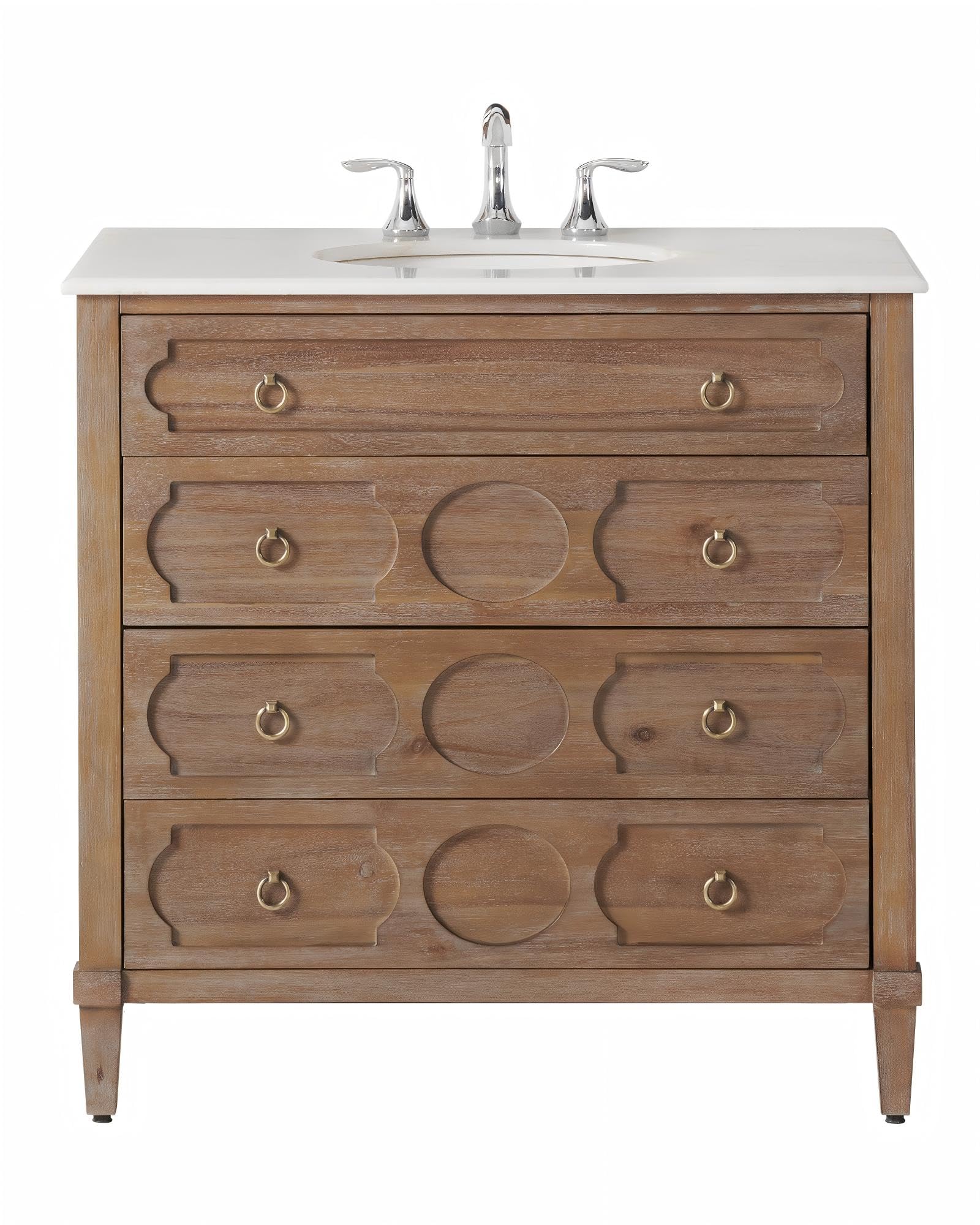 36-inch Bathroom Vanity with Single Sink, White Marble Top, 4 Soft Close Drawers, Reclaimed Gray Wood Cabinet, Oval Ceramic Basin (Reclaimed Gray, 36" W)