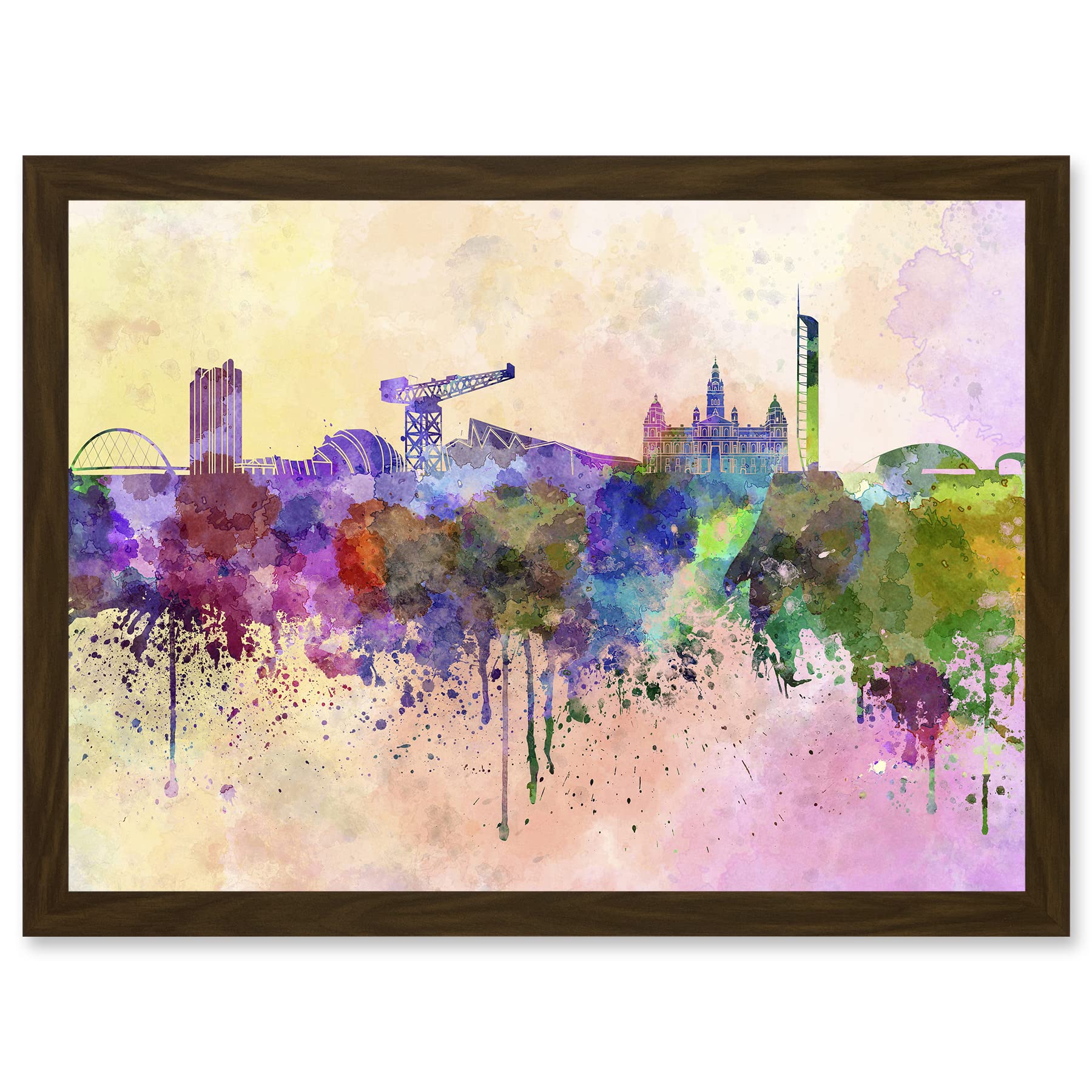 Artery8 Cityscape Paint Splash Skyline Of Glasgow City A4 Artwork Framed Wall Art Print