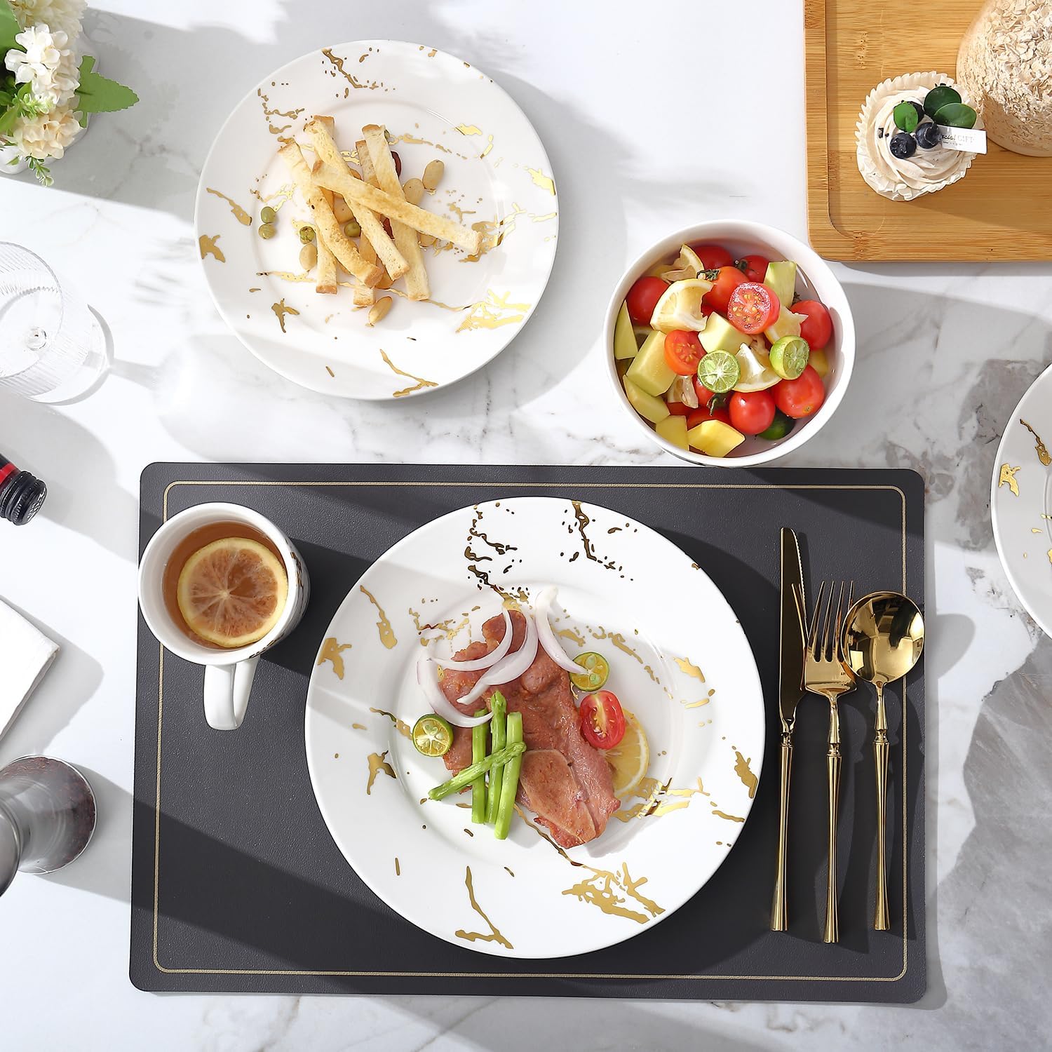 Modern Porcelain 16 Piece White Dinnerware Set,Plates and Bowls Sets,Gold Dish Set for 4,White Dinnerware Set,Dinner Sets with Dinner Plates. - Image 5