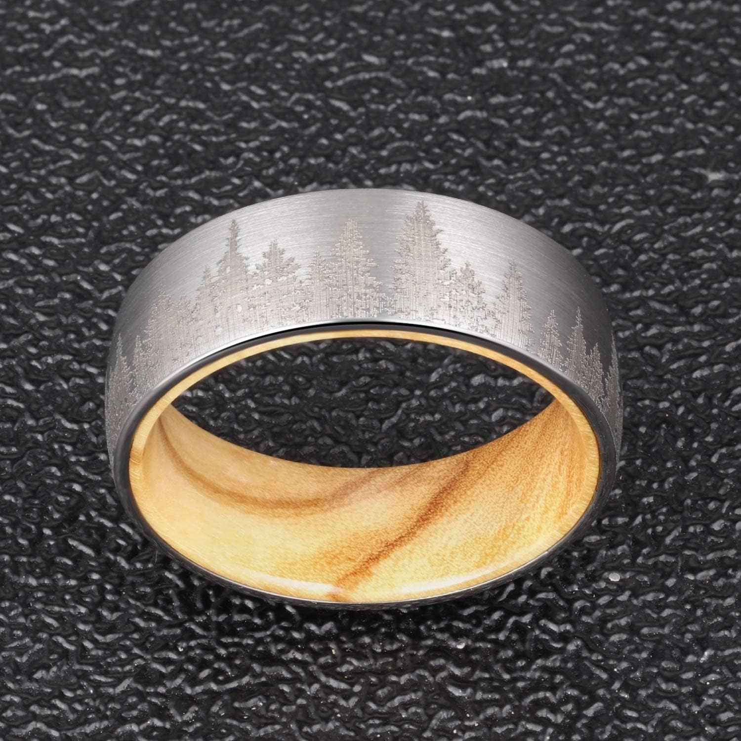 Forest Rings for Men 8 mm Black Plated Wedding Band with Wood Liner Comfort Fit - Image 5