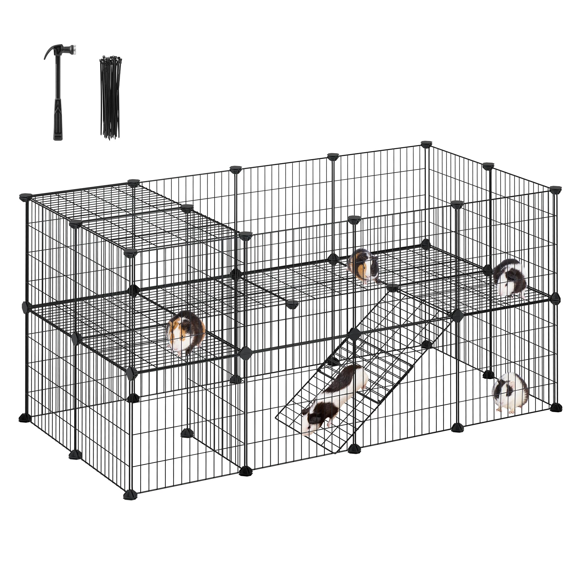SONGMICS 36 Panels Pet Playpen, Small Animal Playpen, Rabbit Guinea Pig Cage, Zip Ties Included, Metal Wire Apartment-Style Two-Story Pet Premium Villa for Bunnies Puppies,Indoor Use, Black ULPI002B01