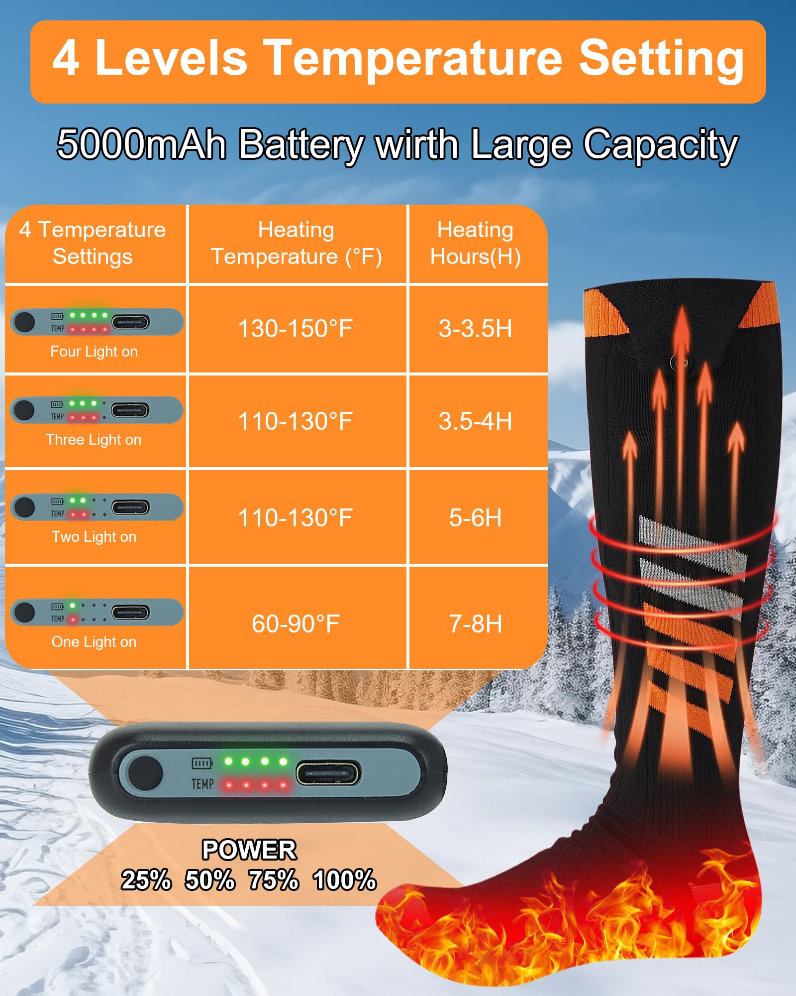 Calze riscaldate per uomo e donna, con 2 batterie ricaricabili da 6000 mAh, durano 8 ore, calze riscaldate elettriche con 4 impostazioni di temperatura, ideali per sci, campeggio, escursionismo