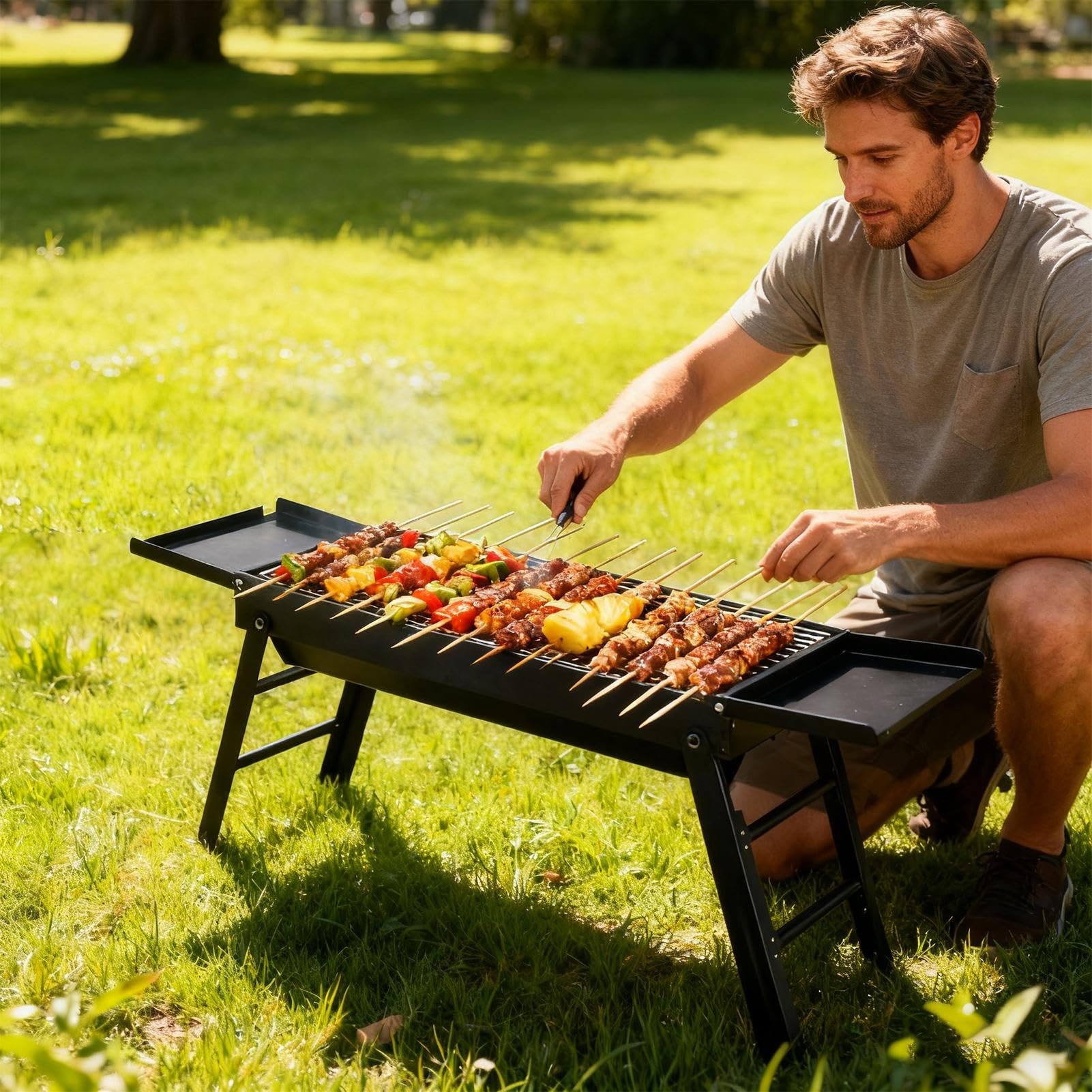 Składany Grill Wyjmowana Kuchenka | Zewnętrzny Grill Barbecue Na Węgiel Drzewny Z Bocznymi Tackami Do Ogrodu Na Zewnątrz Kemping Balkon Plaża Gotowanie Piknik