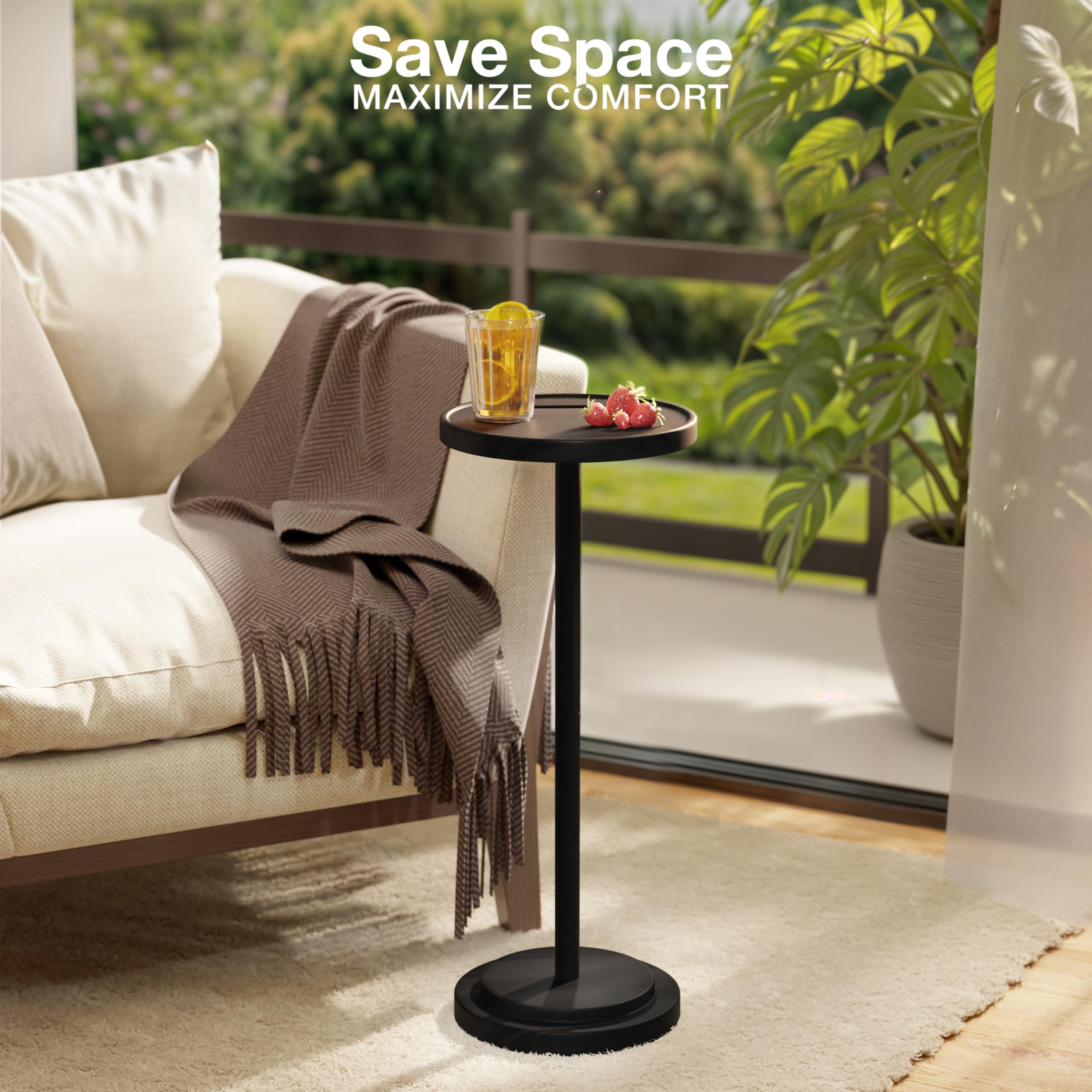 Mesa de bebidas, mesa auxiliar compacta de 24.4 pulgadas de alto con ranura para teléfono y base pesada, mesa de pedestal duradera para sala de estar (base escalonada, negro) 4