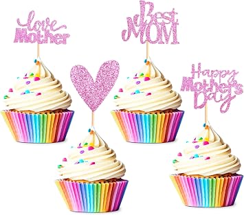 UNIMALL Unimall Pack of 24 Pink Glitter Best Mom Heart Love Mother Cupcake Topper Cupcake Picks for Mother's Day Party Decoration Pink Cupcake Topper 24 Count Pack of 1