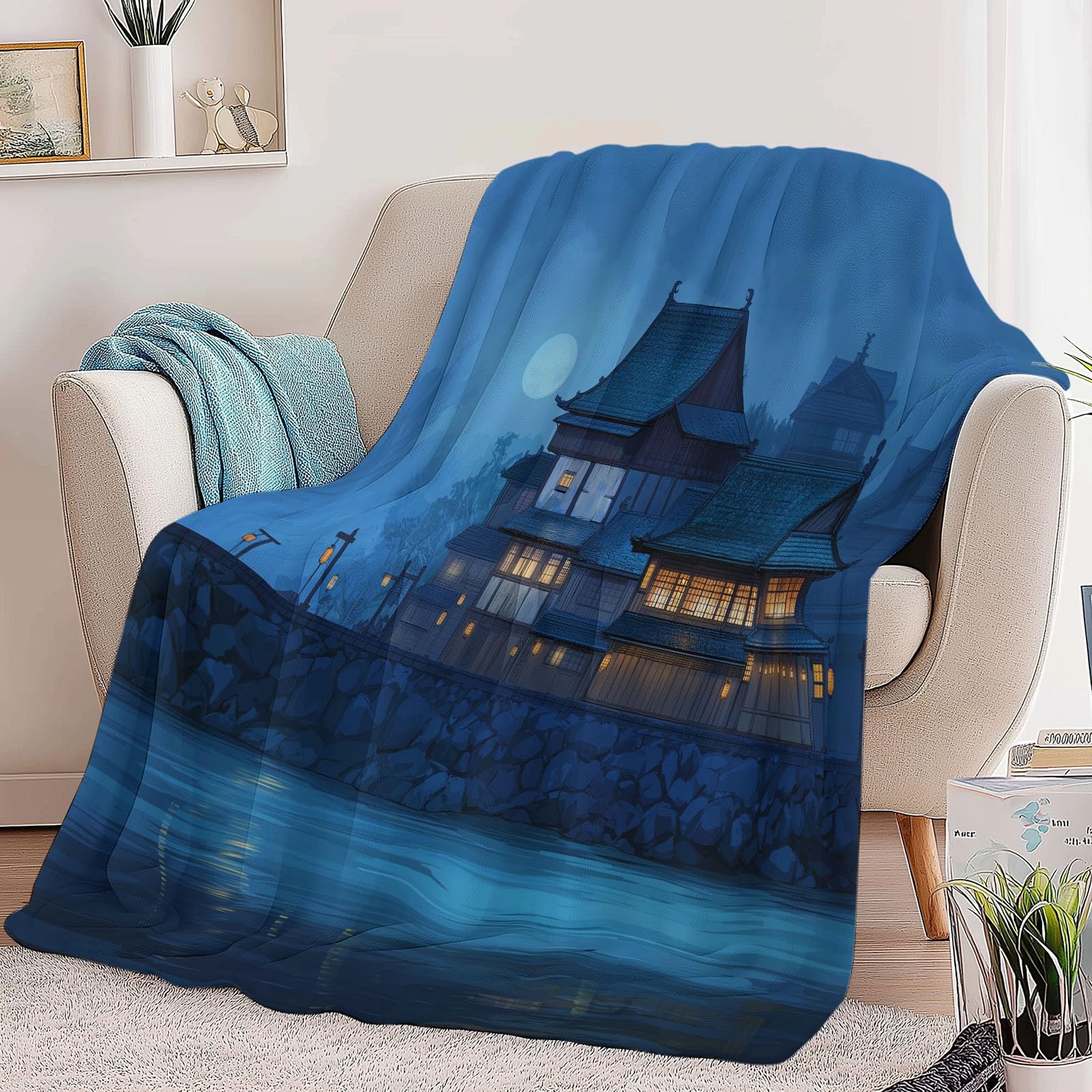 Puszysty granatowy flanelowy koc na sofę, łóżko, krzesło, miękka tradycyjna pościel nocna nad rzeką, 220 x 240 cm, dekoracyjny, ultramiękki koc na łóżko dla dzieci, nastolatków, dorosłych, 220 x 240