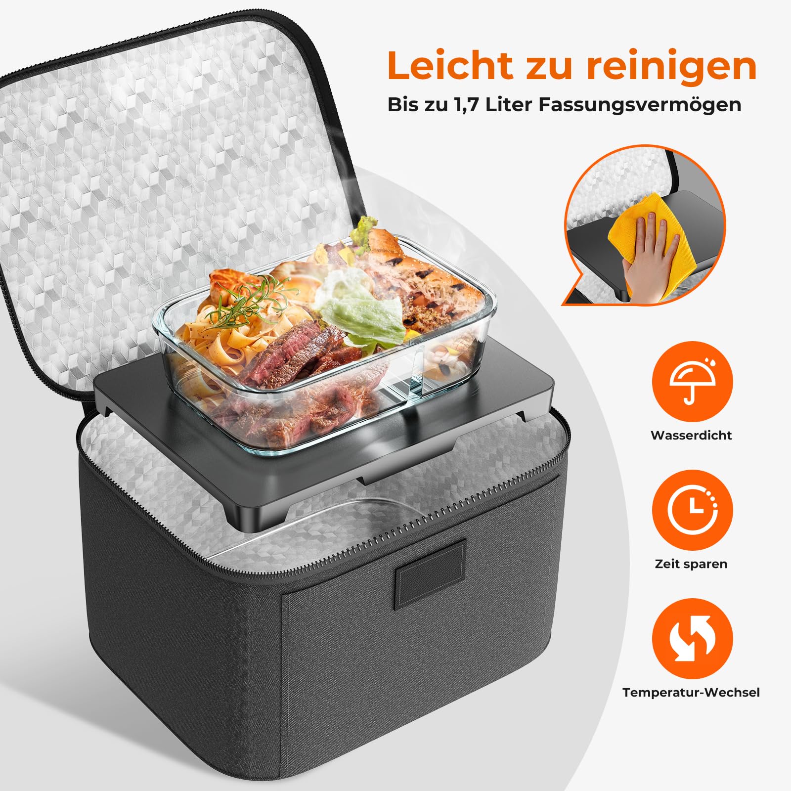 Elektrische Lunchbox - Kleine Speisenwärmer für Männer & Frauen, Mini Mikrowelle für Reisen, 12V/24V/220V 3-in-1 Selbstheizender Ofen für Auto, LKW & Büro, Schwarz