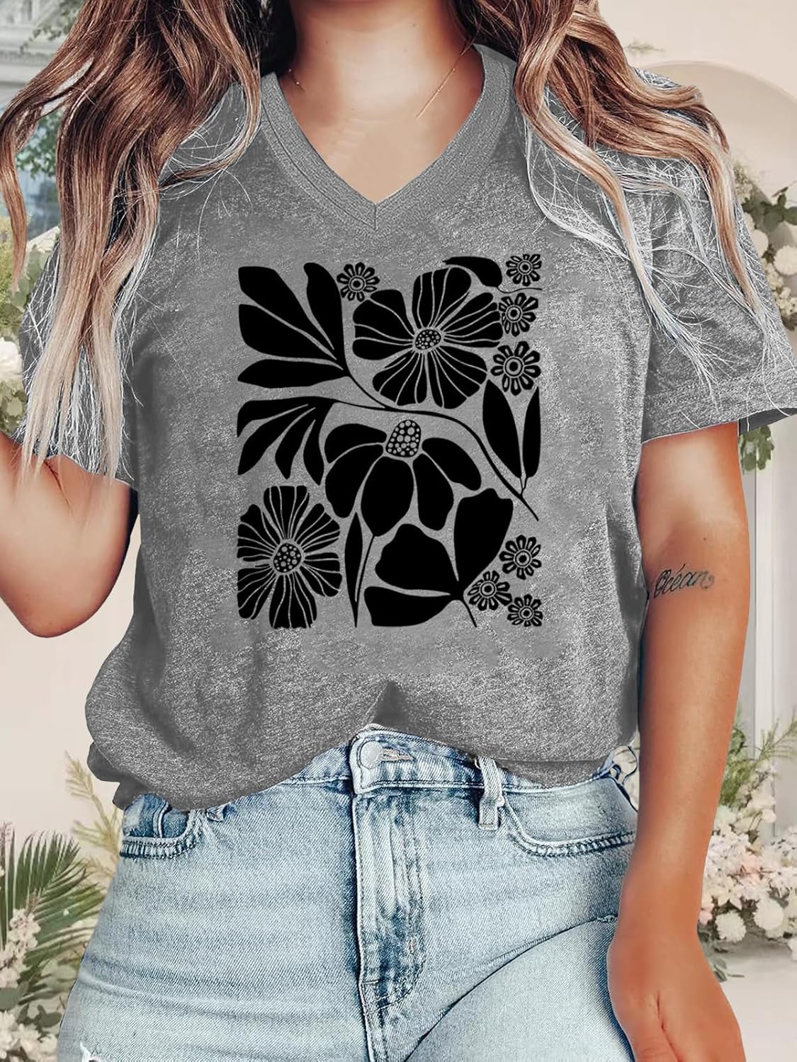 Flower Kindly Shirt for Women Funny Wildflower Plant T-Shirt Bohemian Summer Vacation V Neck Tops - Image 3