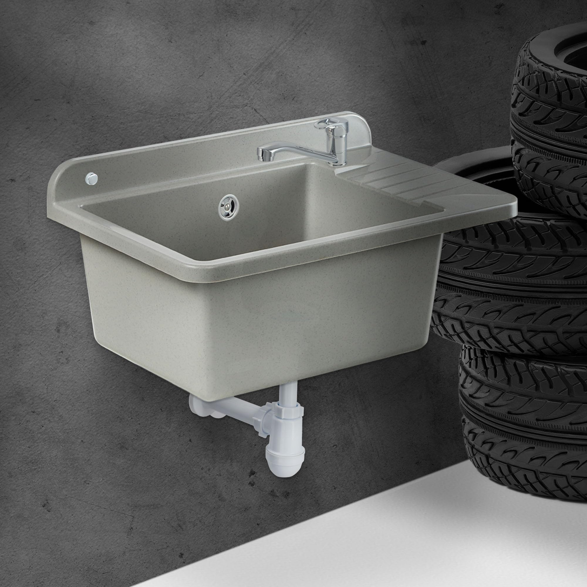 GOSPO Fregadero de polipropileno, 50,4 x 34 x 26,5 cm, fregadero con grifo, sifón y kit de montaje, lavabo, lavabo, lavabo, fregadero de cocina (gris)