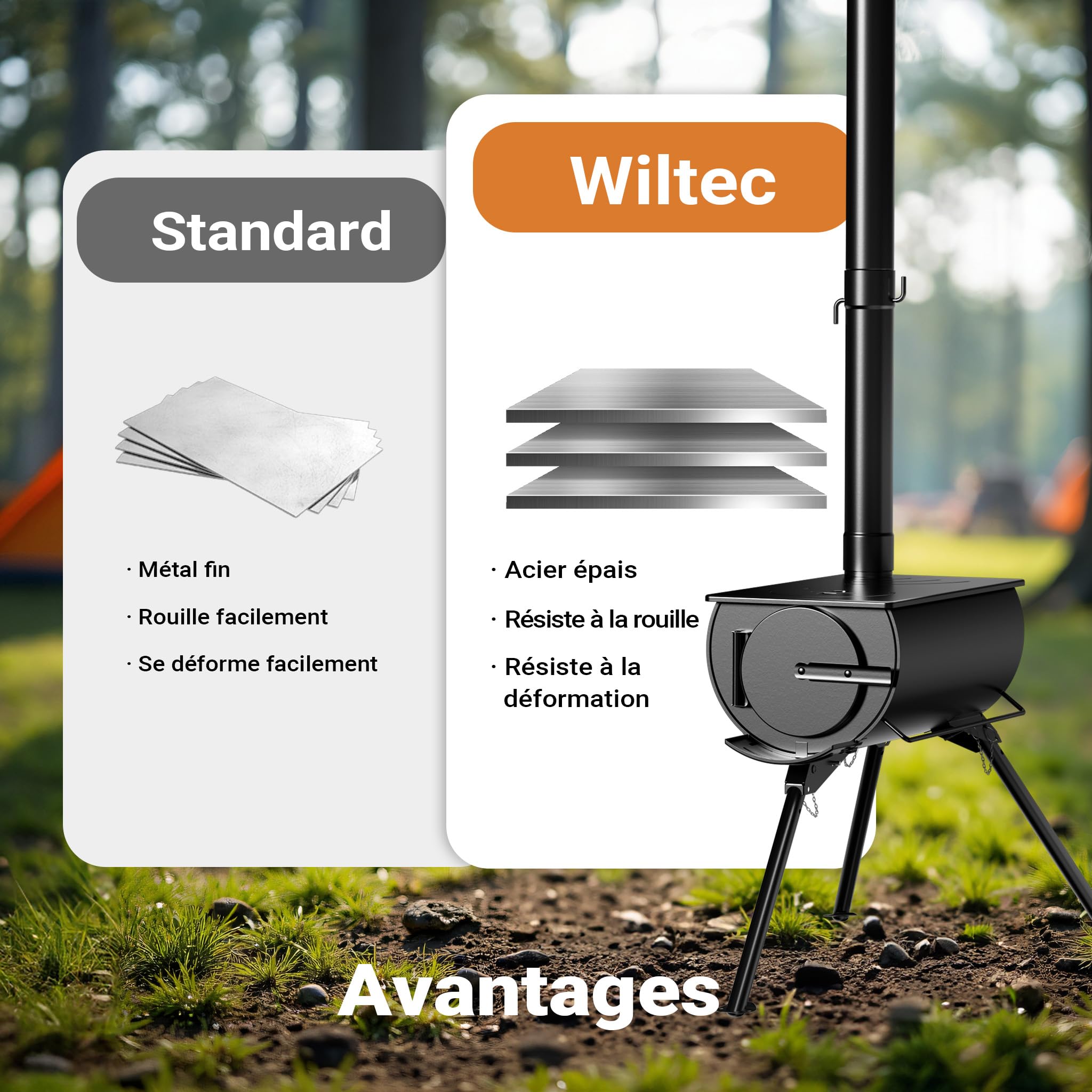 Wiltec Poêle pour tente de camping – 540 x 810 x 2387 mm – Acier doux – Poêle à bois portable et démontable pour randonnée, déplacement, aventures, chauffage