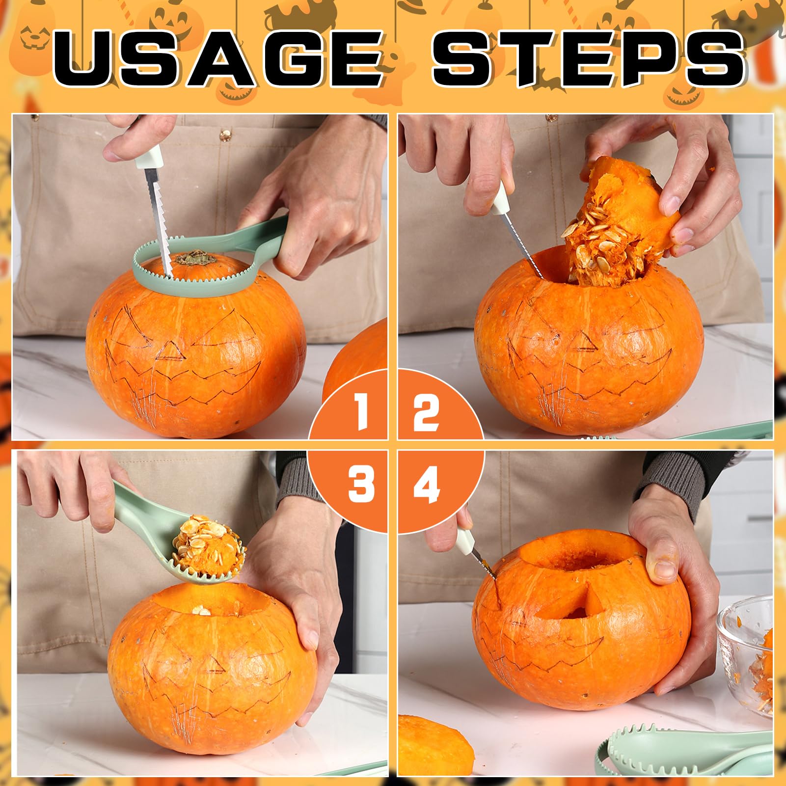 Halloween Kürbis Schnitzset 24-teilig - Komplettset Mit Edelstahl-Werkzeugen Für Gruselige Kürbislaternen