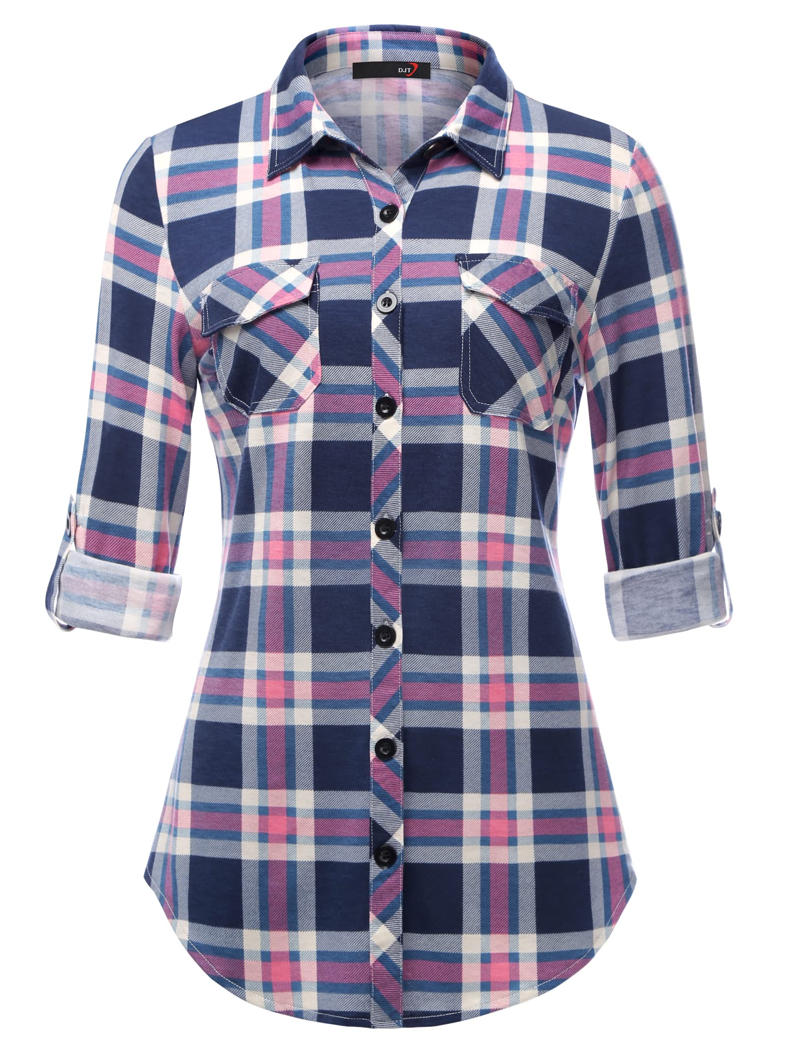 DJT Damen Weiches Gestrick Kariertes Blusen Langarm Oberteile Roll Up Ärmel Hemdbluse Button Down Tops