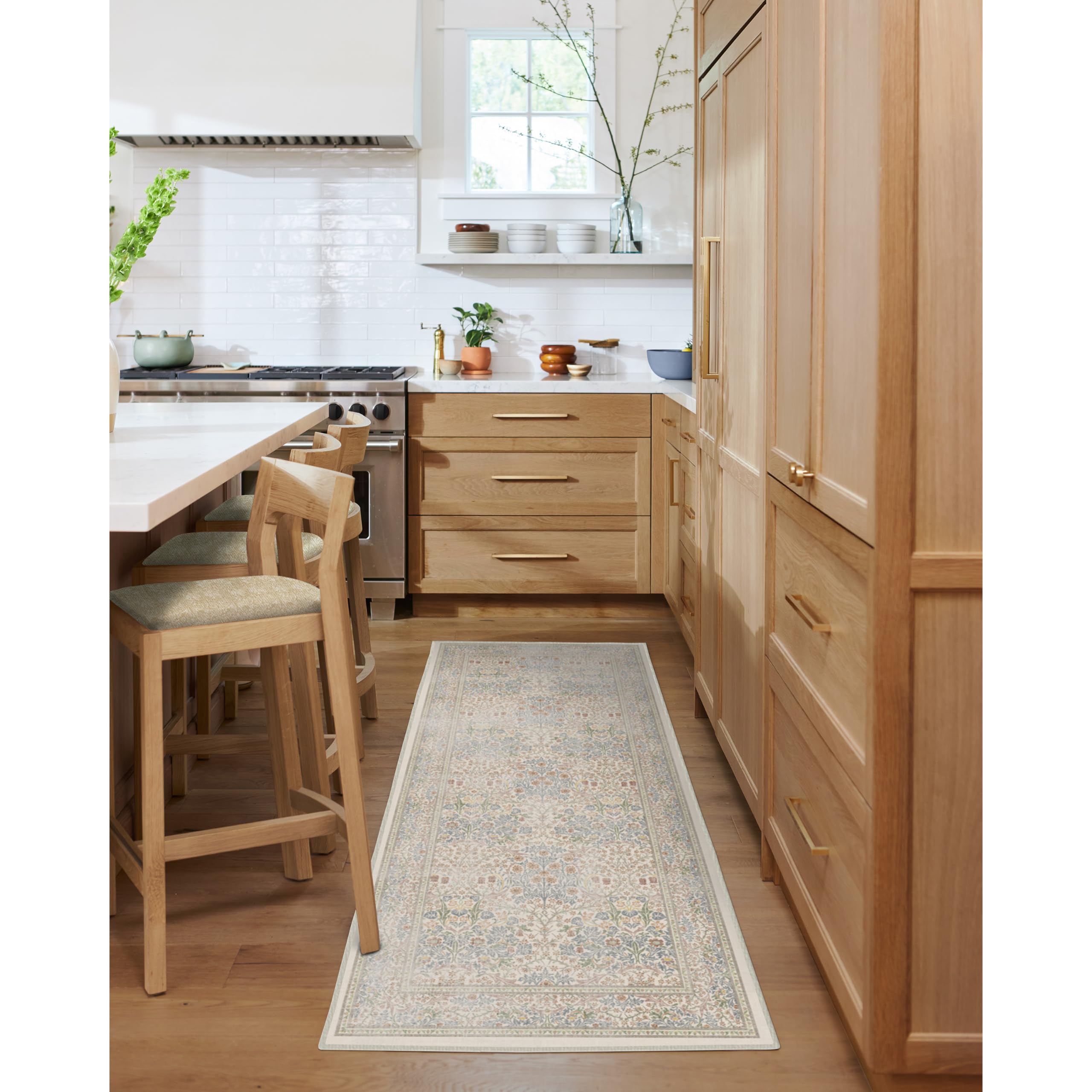 RUGGABLE x Morris & Co Machine Washable Runner Rug – Blackthorn Ivory Blue 2.5x7, Stain-Resistant, Non-Slip – Washable Rug for Hallway, Entryway, Living Room & Kitchen–with Standard Pad