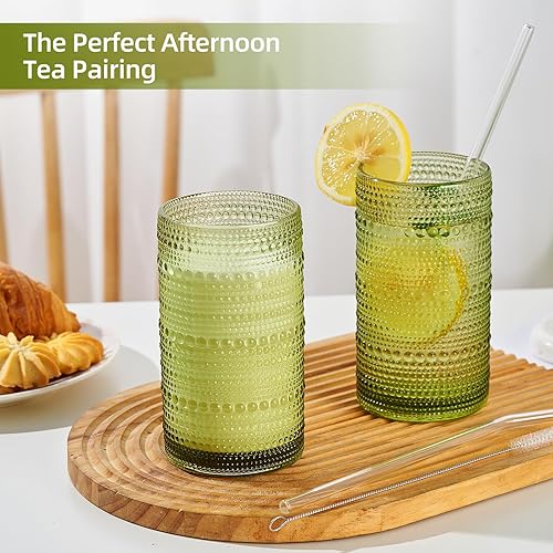 Miniatura 7 de Juego de 12 vasos para beber Hobnail de 16 onzas, vasos verdes en relieve vintage de gran capacidad, vasos altos para agua, cóctel, cerveza, whisky,