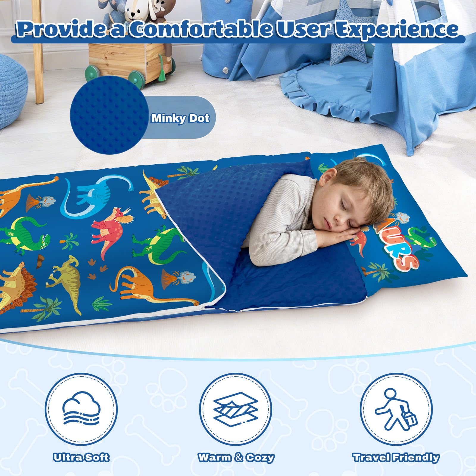 Sacco a Pelo per Bambini con Cuscino e Doppia Cerniera, 150x60 cm Nap Mat per Bambini, Ideale per Casa, Asilo, Scuola Materna e Campeggio