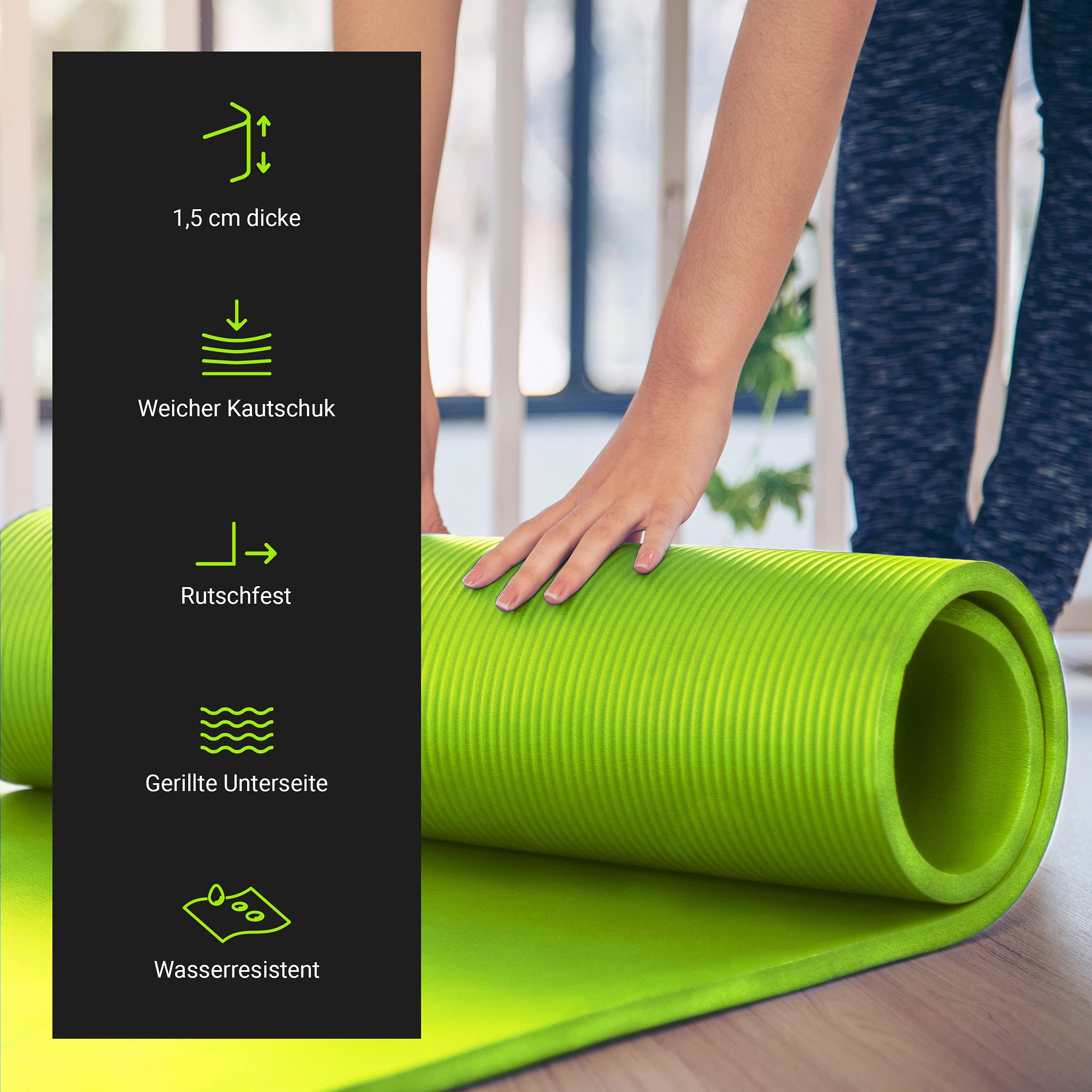 MSPORTS Tappetino da Ginnastica Premium 190 x 60 x 1,5 cm con Cinturino | Verde, Tappetino Yoga